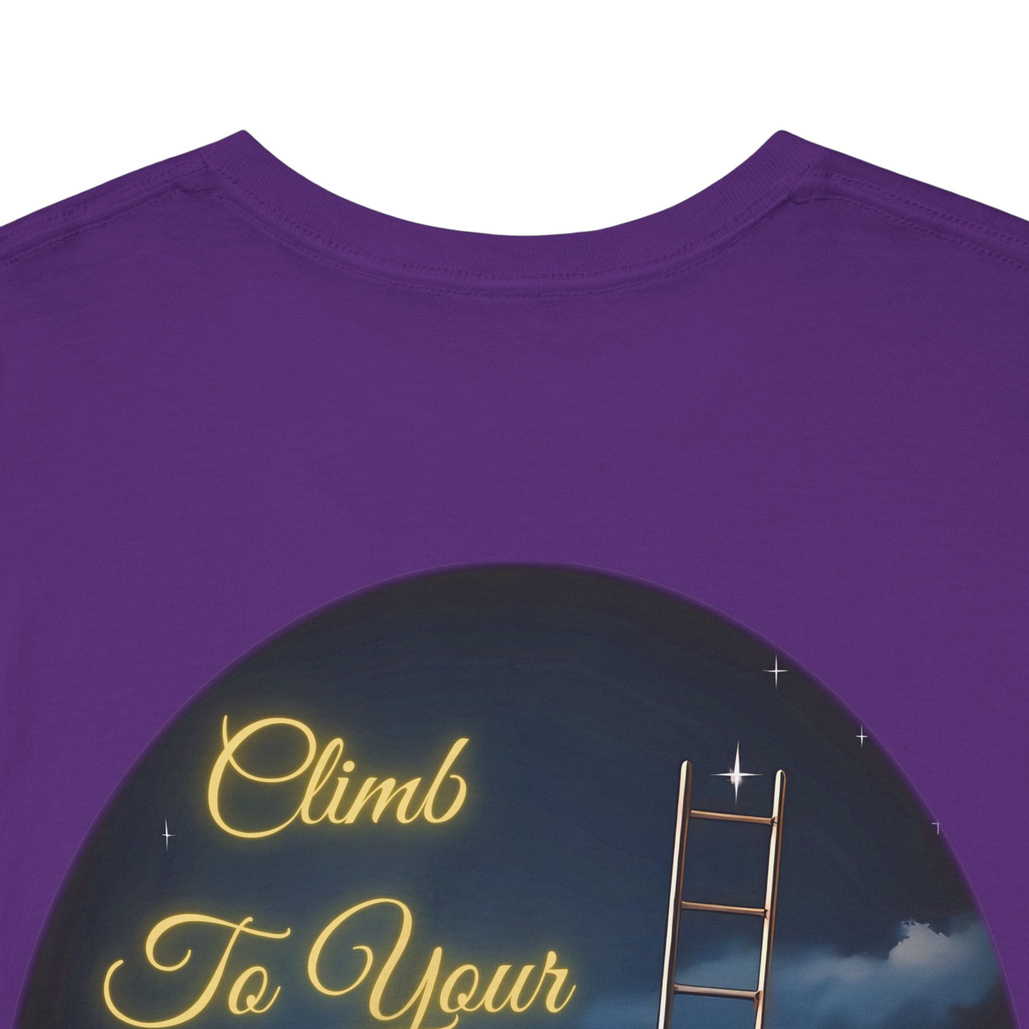 Climb To Your Dreams – Starry Night Ladder Back-Print Tee + Front Badge | Gildan 5000, Inspirational and Motivational Apparel, Gift for Dreamers, Creative Expression Wear