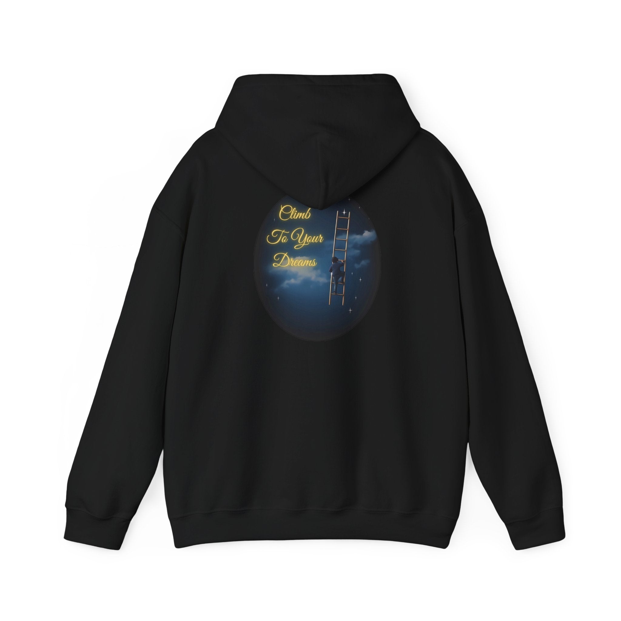 Climb To Your Dreams – Starry Night Ladder-to-Moon Back-Print Hoodie + Front Badge | Gildan 18500, Inspirational and Motivational Apparel, Gift for Dreamers, Creative Expression Wear