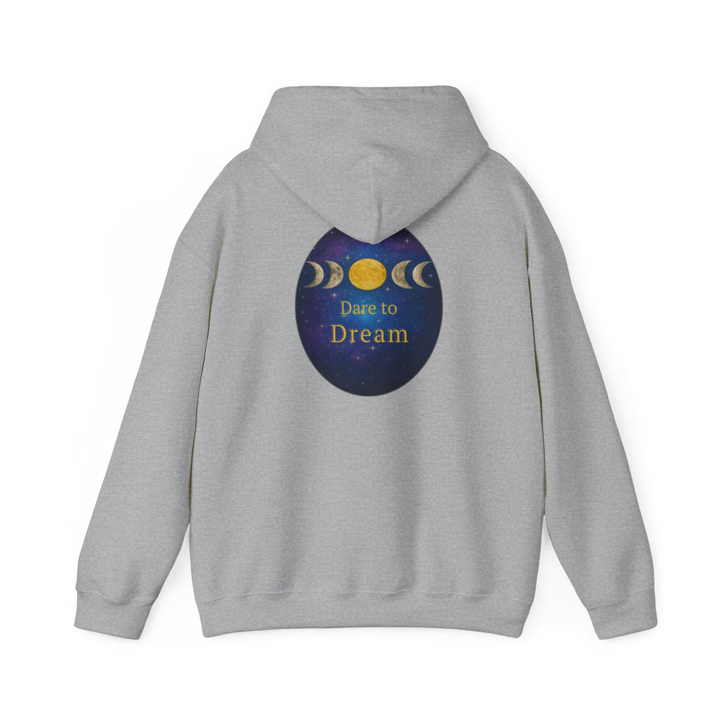 Dare to Dream Moon-Phase Hoodie | Back Glow Print + Front Badge | Heavy Blend™, Inspirational and Motivational Apparel, Gift for Dreamers, Creative Expression Wear
