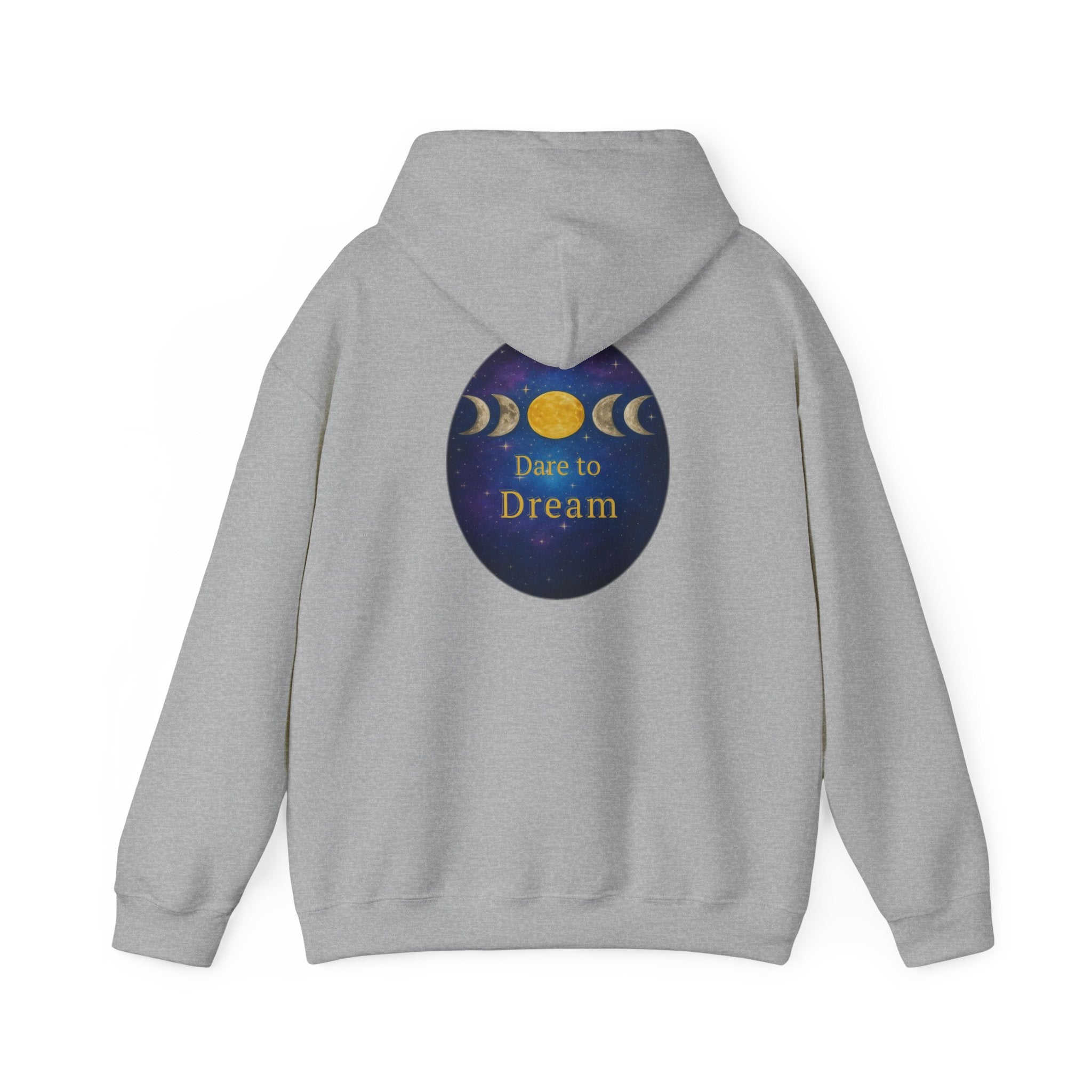 Dare to Dream Moon-Phase Hoodie | Back Glow Print + Front Badge | Heavy Blend™, Inspirational and Motivational Apparel, Gift for Dreamers, Creative Expression Wear