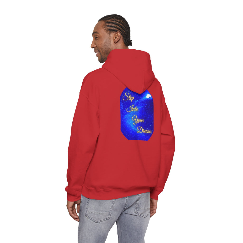Step Into Your Dreams – Cosmic Gateway Back-print Hoodie | Tiny front badge | Gildan Heavy Blend™. Inspirational and Motivational Apparel, Gift for Dreamers, Creative Expression
