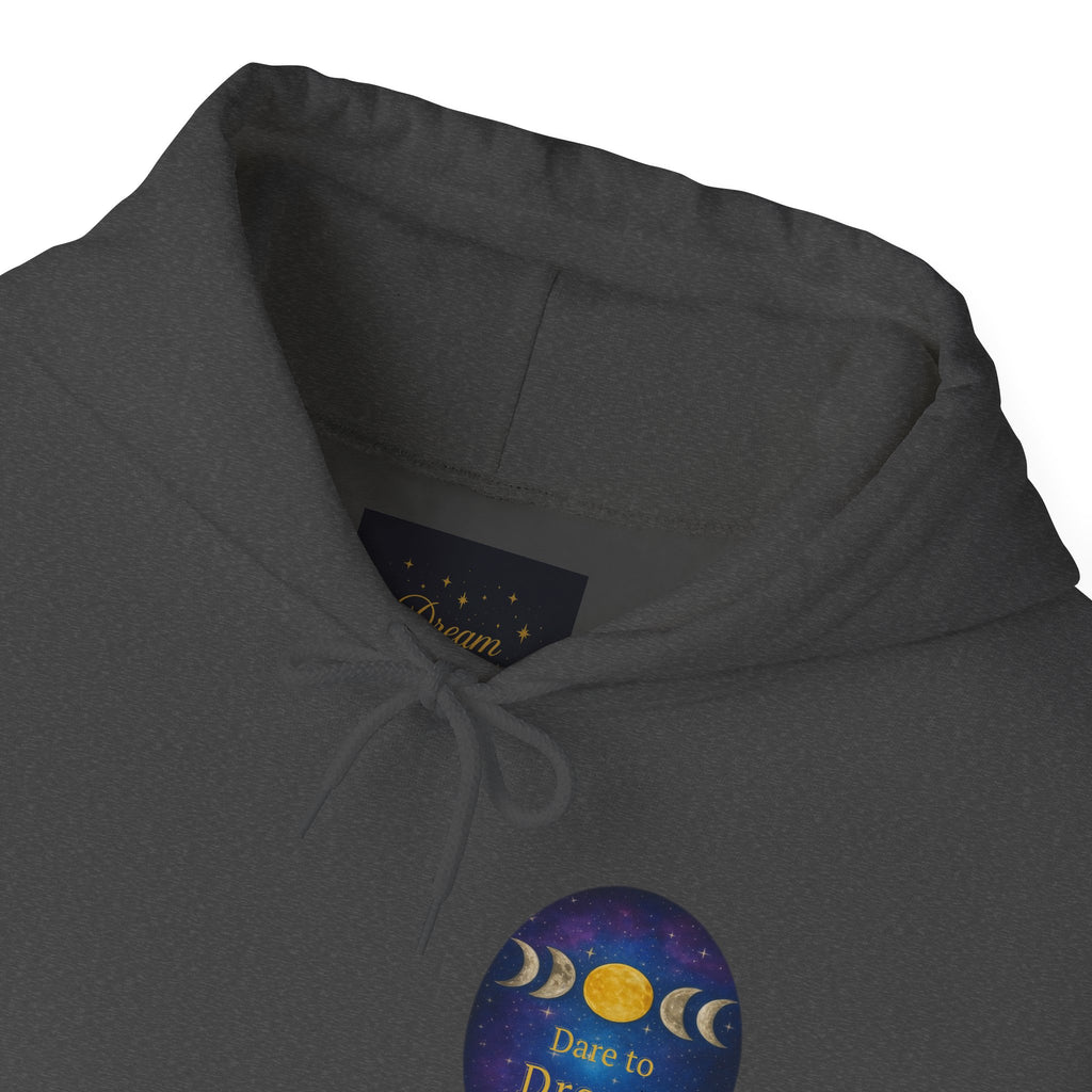 Dare to Dream Moon-Phase Hoodie | Back Glow Print + Front Badge | Heavy Blend™, Inspirational and Motivational Apparel, Gift for Dreamers, Creative Expression Wear