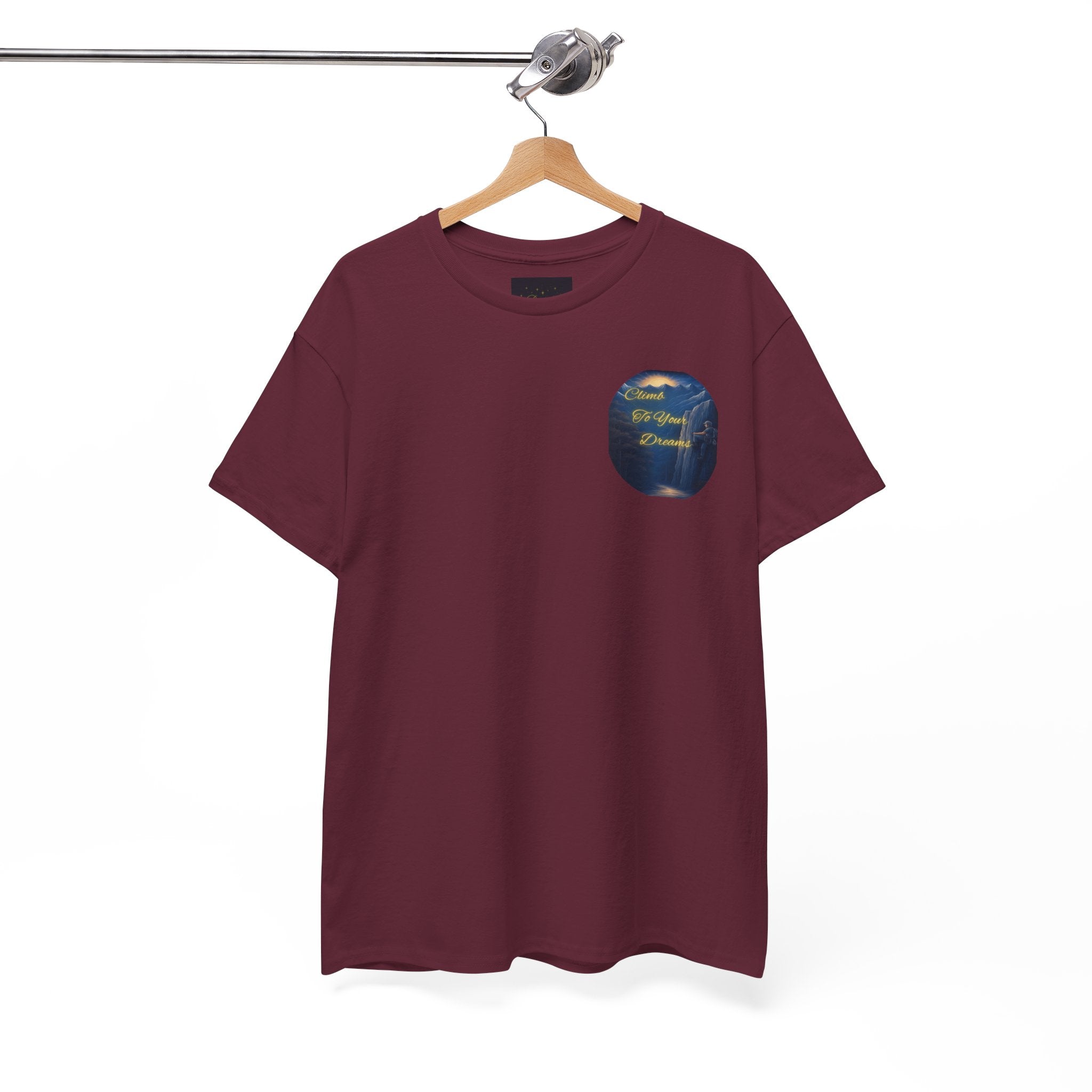 Climb To Your Dreams – Rock Climber Back-Print Tee + Front Badge | Gildan 5000, Inspirational and Motivational Apparel, Gift for Dreamers, Creative Expression Wear