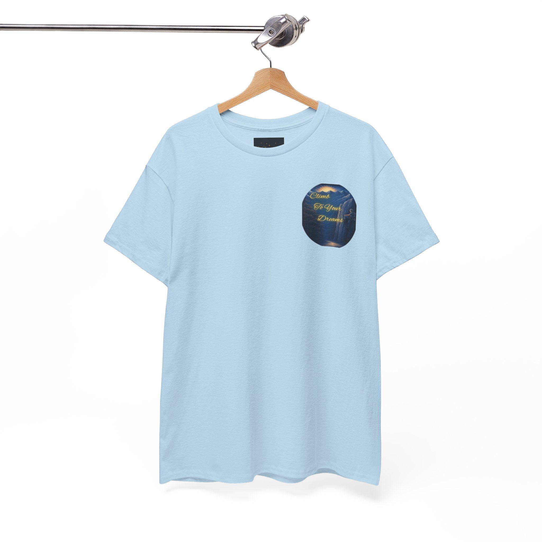 Climb To Your Dreams – Rock Climber Back-Print Tee + Front Badge | Gildan 5000, Inspirational and Motivational Apparel, Gift for Dreamers, Creative Expression Wear