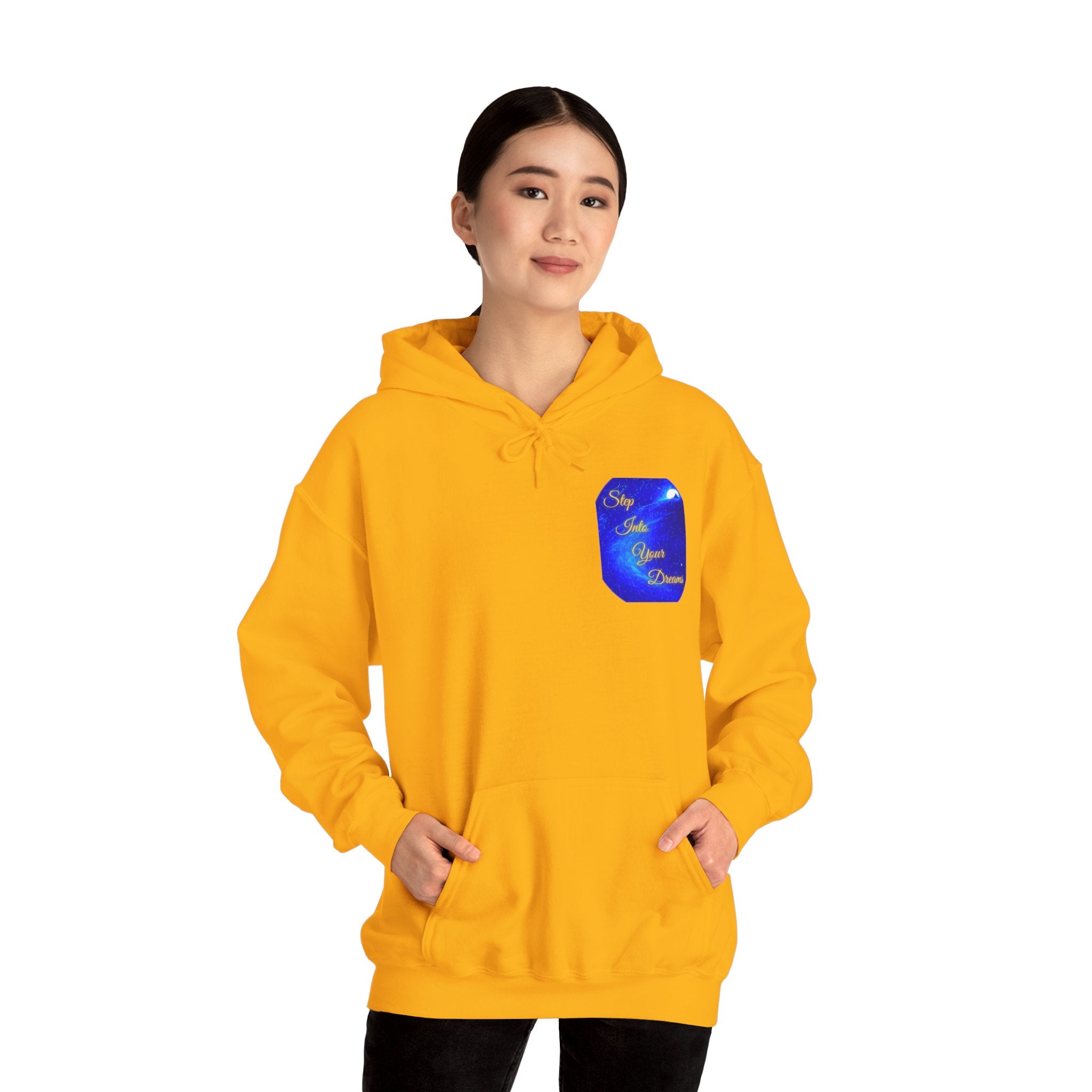 Step Into Your Dreams – Cosmic Gateway Back-print Hoodie | Tiny front badge | Gildan Heavy Blend™. Inspirational and Motivational Apparel, Gift for Dreamers, Creative Expression