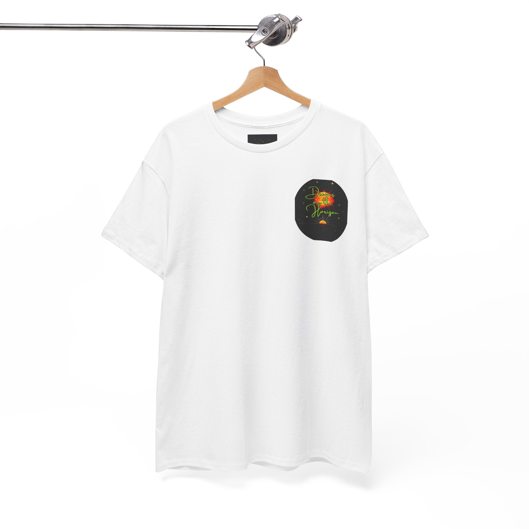 Dreams on the Horizon (Lemongrass) – Sunrise Back-Print Heavy Cotton Tee, Inspirational and Motivational Apparel, Gift for Dreamers, Creative Expression Wear