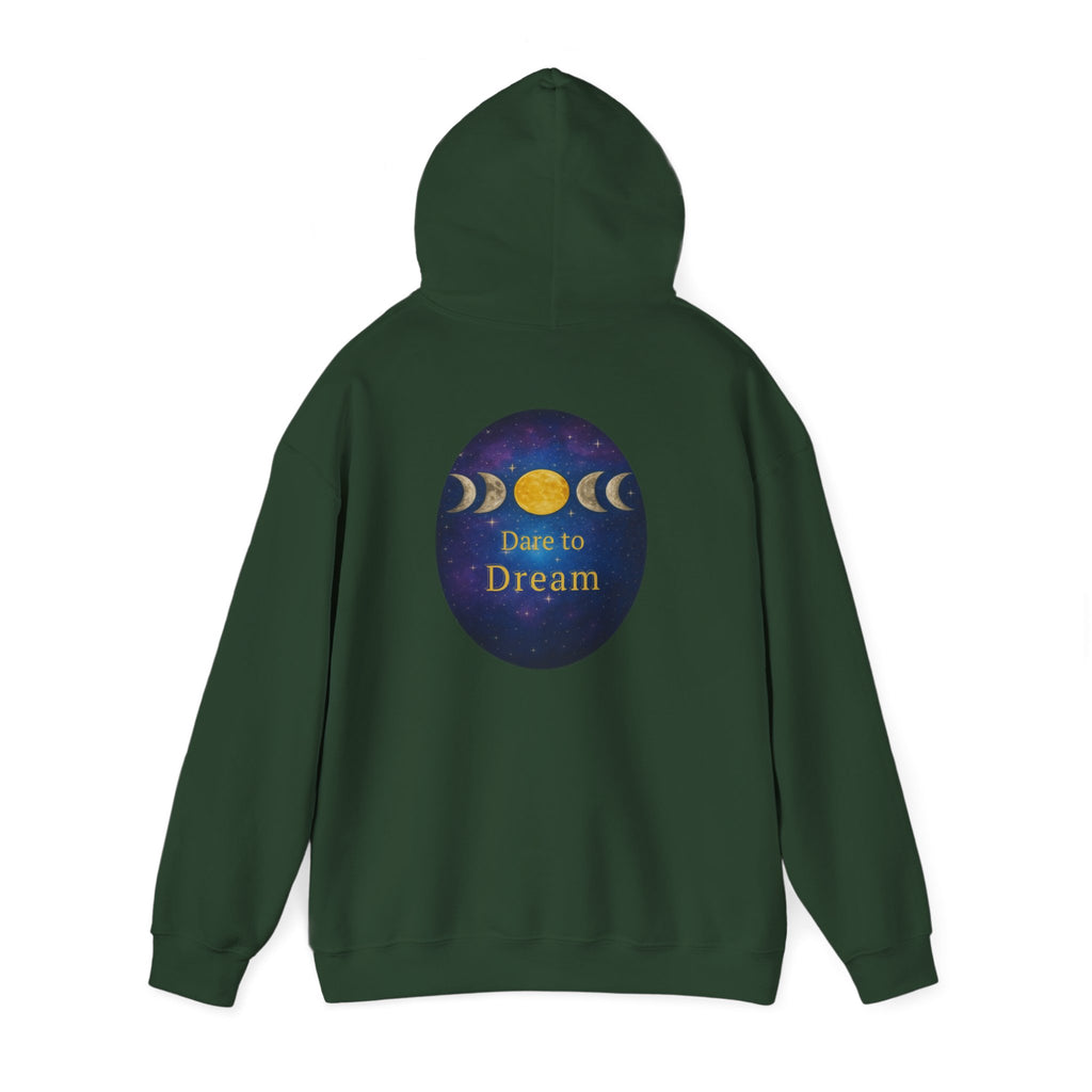 Dare to Dream Moon-Phase Hoodie | Back Glow Print + Front Badge | Heavy Blend™, Inspirational and Motivational Apparel, Gift for Dreamers, Creative Expression Wear
