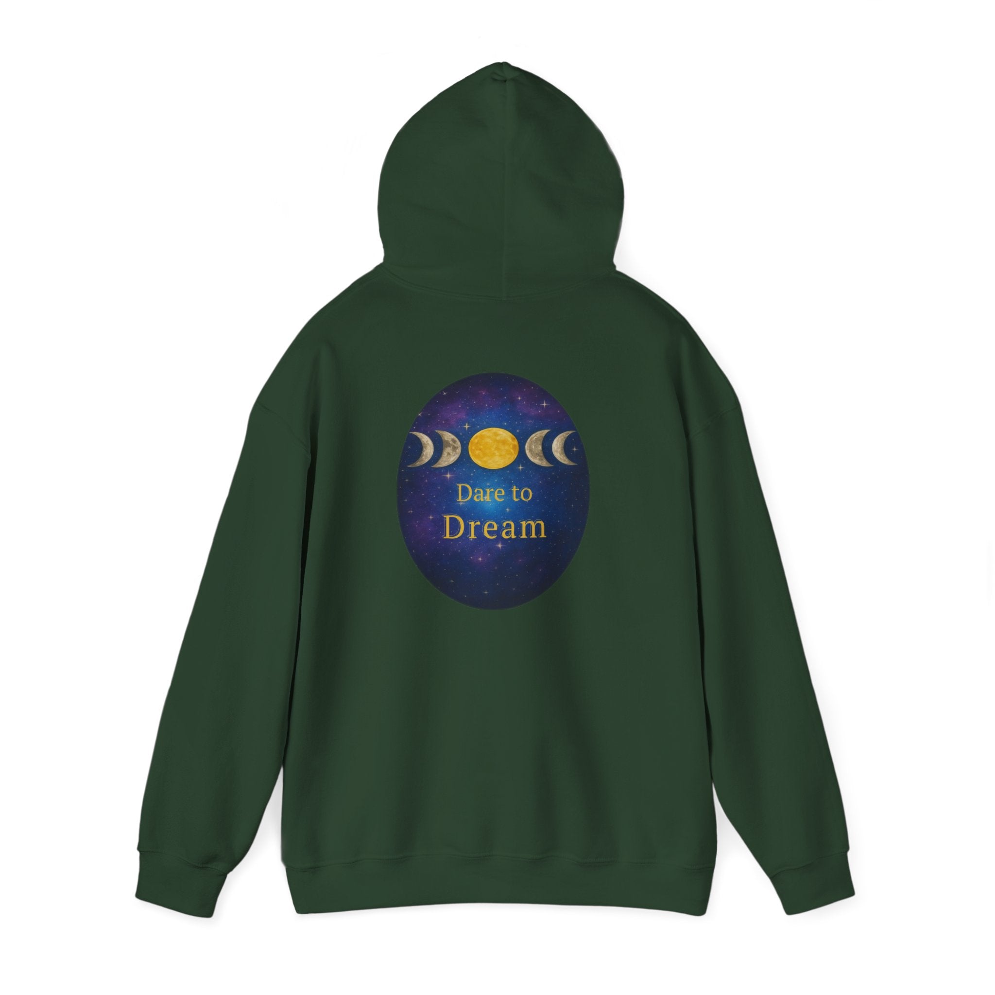 Dare to Dream Moon-Phase Hoodie | Back Glow Print + Front Badge | Heavy Blend™, Inspirational and Motivational Apparel, Gift for Dreamers, Creative Expression Wear