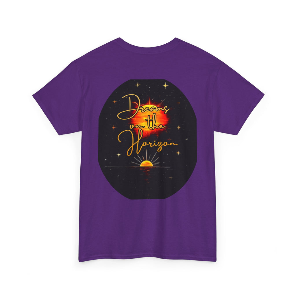 Dreams on the Horizon – Sunrise Back-Print Heavy Cotton Tee, Inspirational and Motivational Apparel, Gift for Dreamers, Creative Expression Wear