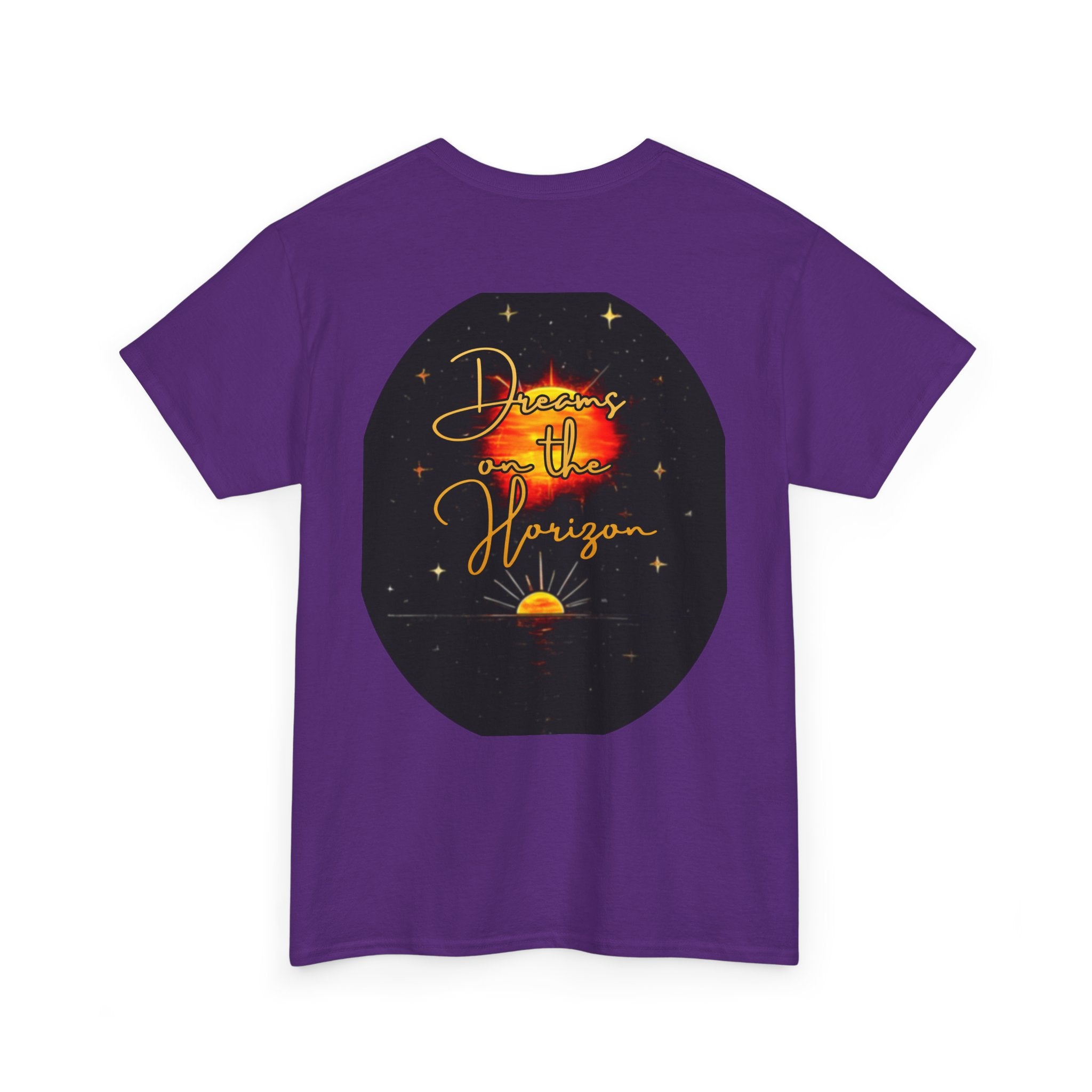 Dreams on the Horizon – Sunrise Back-Print Heavy Cotton Tee, Inspirational and Motivational Apparel, Gift for Dreamers, Creative Expression Wear