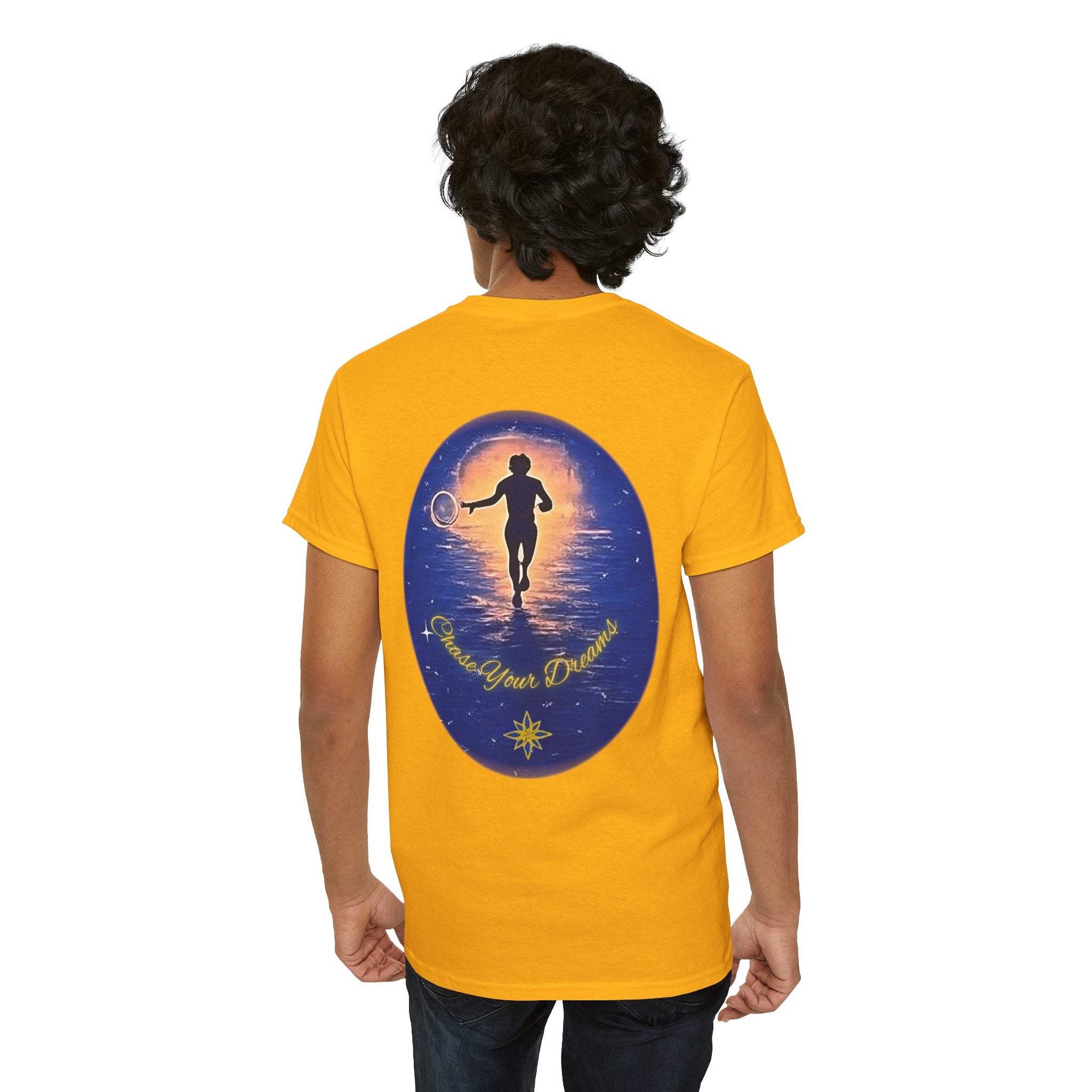 Chase Your Dreams – Sunrise Silhouette Back Printed Heavy Cotton Tee, Inspirational and Motivational Apparel, Gift for Dreamers, Creative Expression Wear