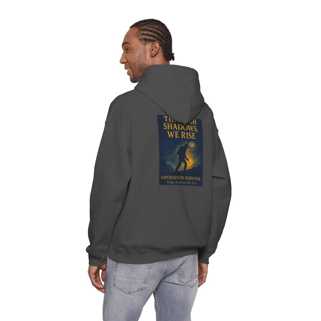 Through Shadows, We Rise – Back-print Cinematic Artwork Operation Survival Hoodie  | Gildan Heavy Blend™ 18500 — Inspirational and Motivational Apparel, Gift for Dreamers, Creative Expression Wear