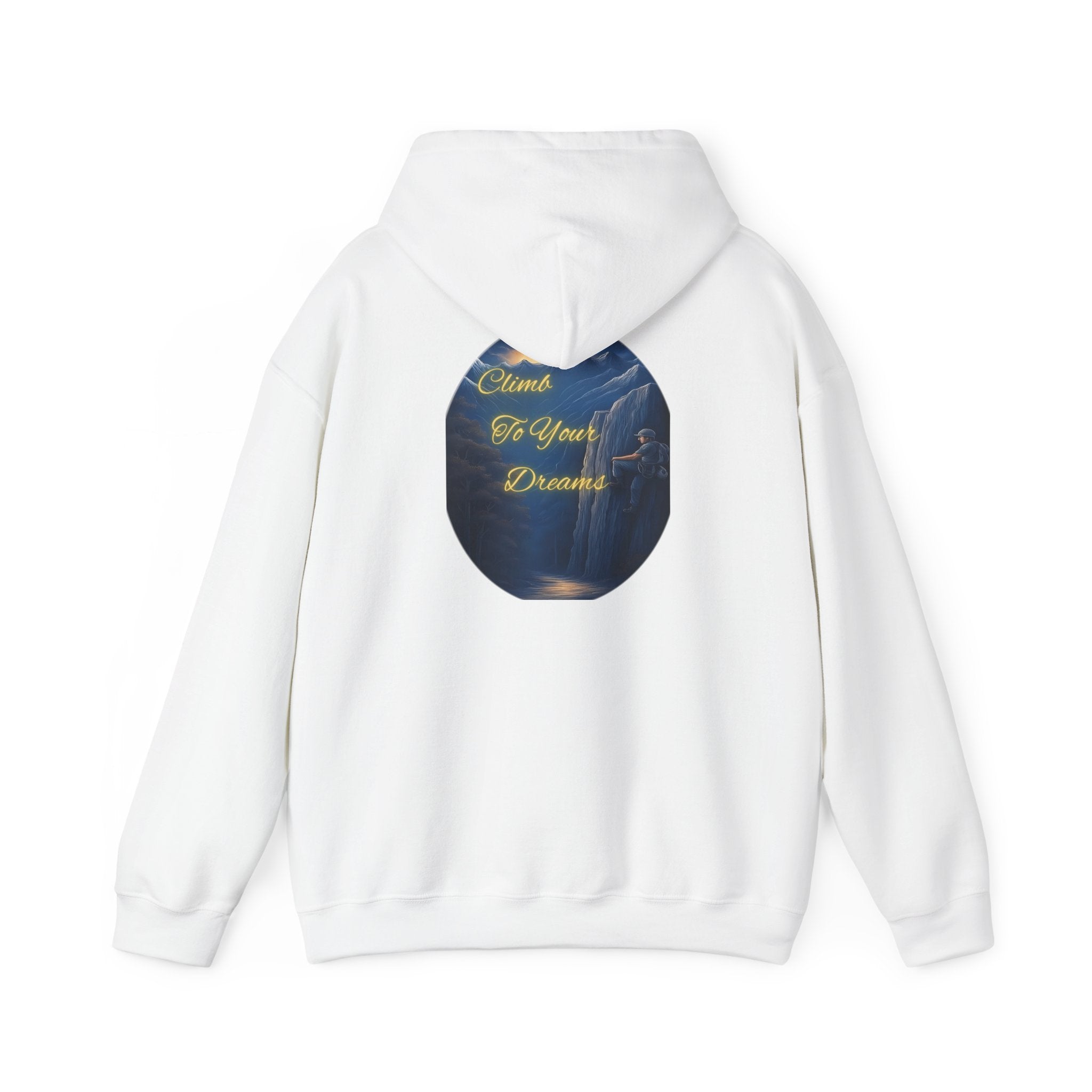 Climb To Your Dreams - Mountain Sunrise Hoodie | Back Glow Print + Front Badge | Heavy Blend™, Inspirational and Motivational Apparel, Gift for Dreamers, Creative Expression Wear