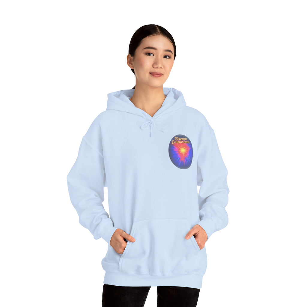 Dream Emporium – Back Printed Radiant Starburst Heavy Blend™ Hooded Sweatshirt, Inspirational and Motivational Apparel, Gift for Dreamers, Creative Expression Wear