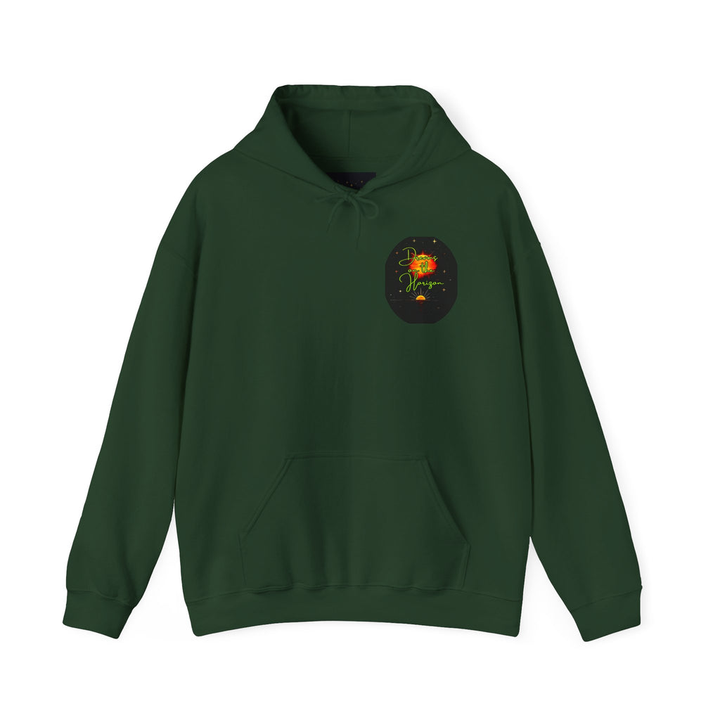 Dreams on the Horizon (Lemongrass) Sunrise Back Print Hooded Sweatshirt, Inspirational and Motivational Apparel, Gift for Dreamers, Creative Expression Wear