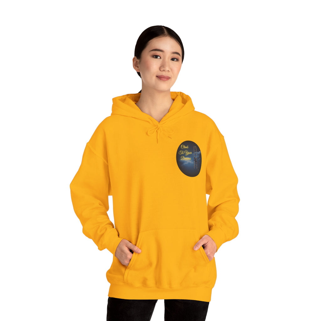 Climb To Your Dreams – Starry Night Ladder-to-Moon Back-Print Hoodie + Front Badge | Gildan 18500, Inspirational and Motivational Apparel, Gift for Dreamers, Creative Expression Wear