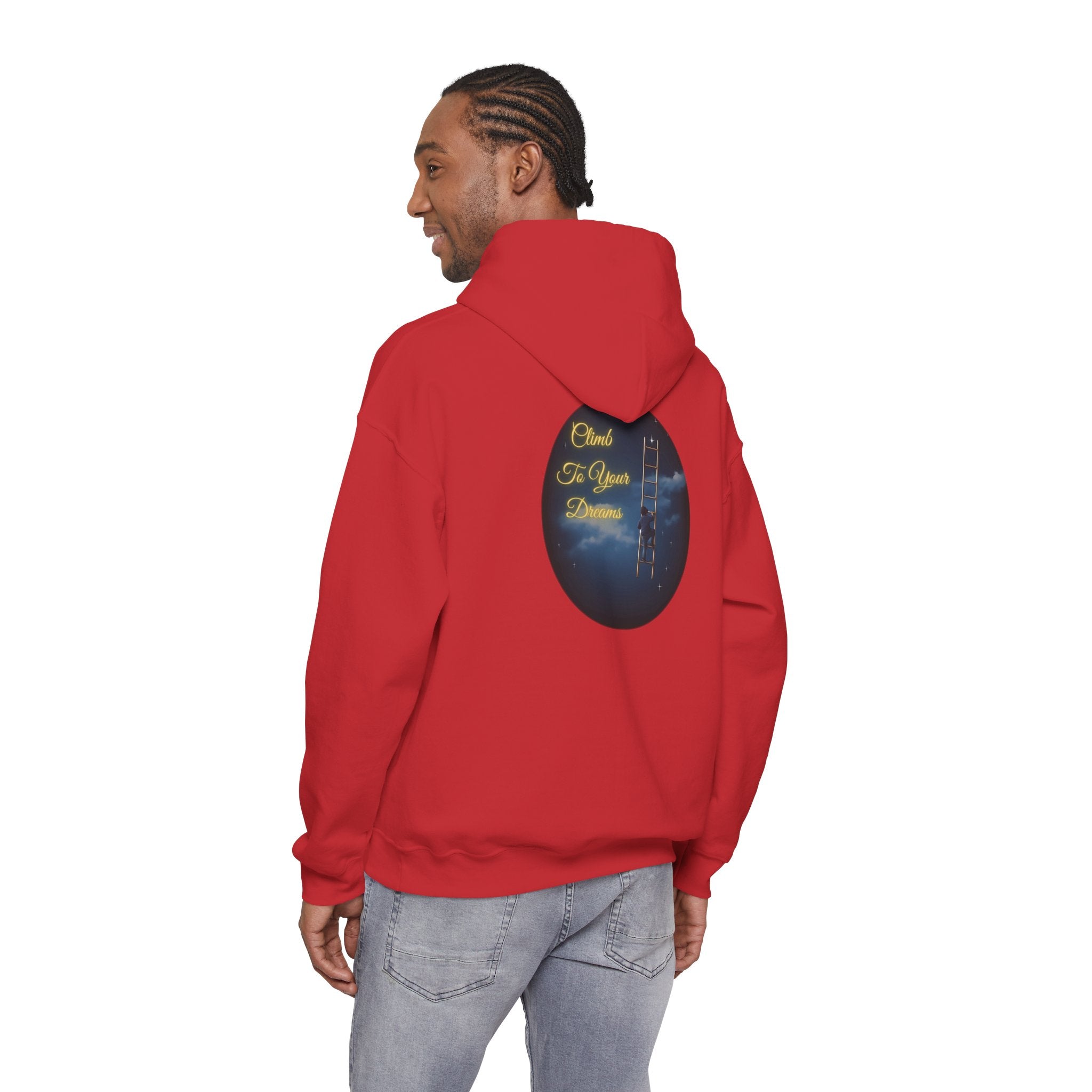 Climb To Your Dreams – Starry Night Ladder-to-Moon Back-Print Hoodie + Front Badge | Gildan 18500, Inspirational and Motivational Apparel, Gift for Dreamers, Creative Expression Wear