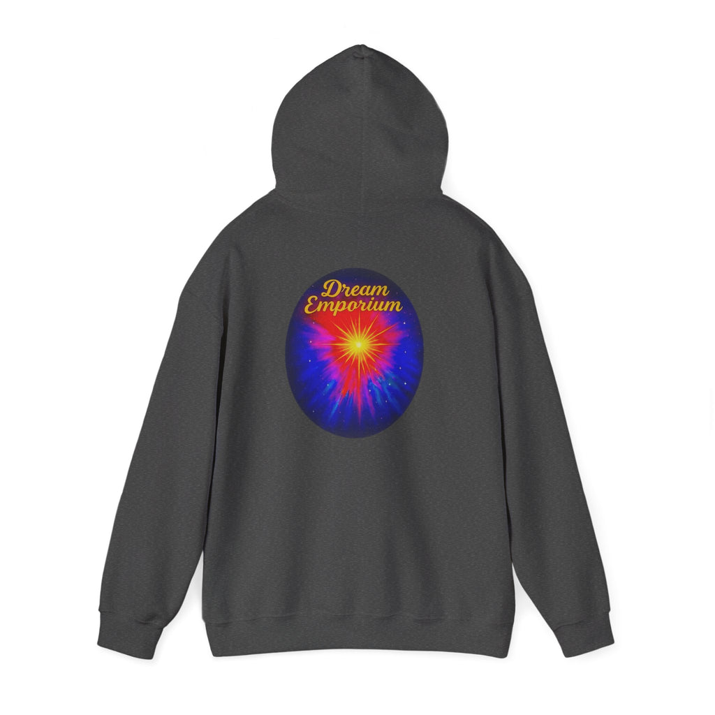 Dream Emporium – Back Printed Radiant Starburst Heavy Blend™ Hooded Sweatshirt, Inspirational and Motivational Apparel, Gift for Dreamers, Creative Expression Wear