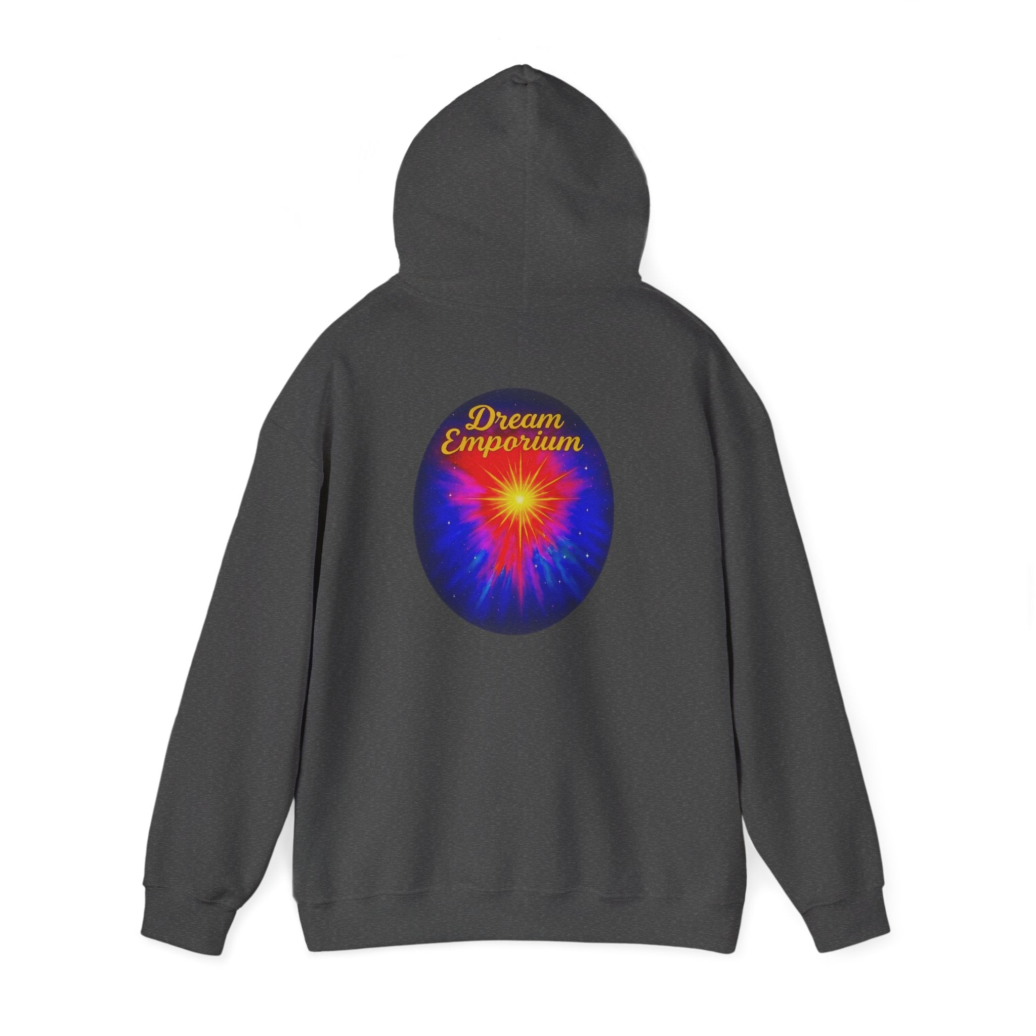 Dream Emporium – Back Printed Radiant Starburst Heavy Blend™ Hooded Sweatshirt, Inspirational and Motivational Apparel, Gift for Dreamers, Creative Expression Wear