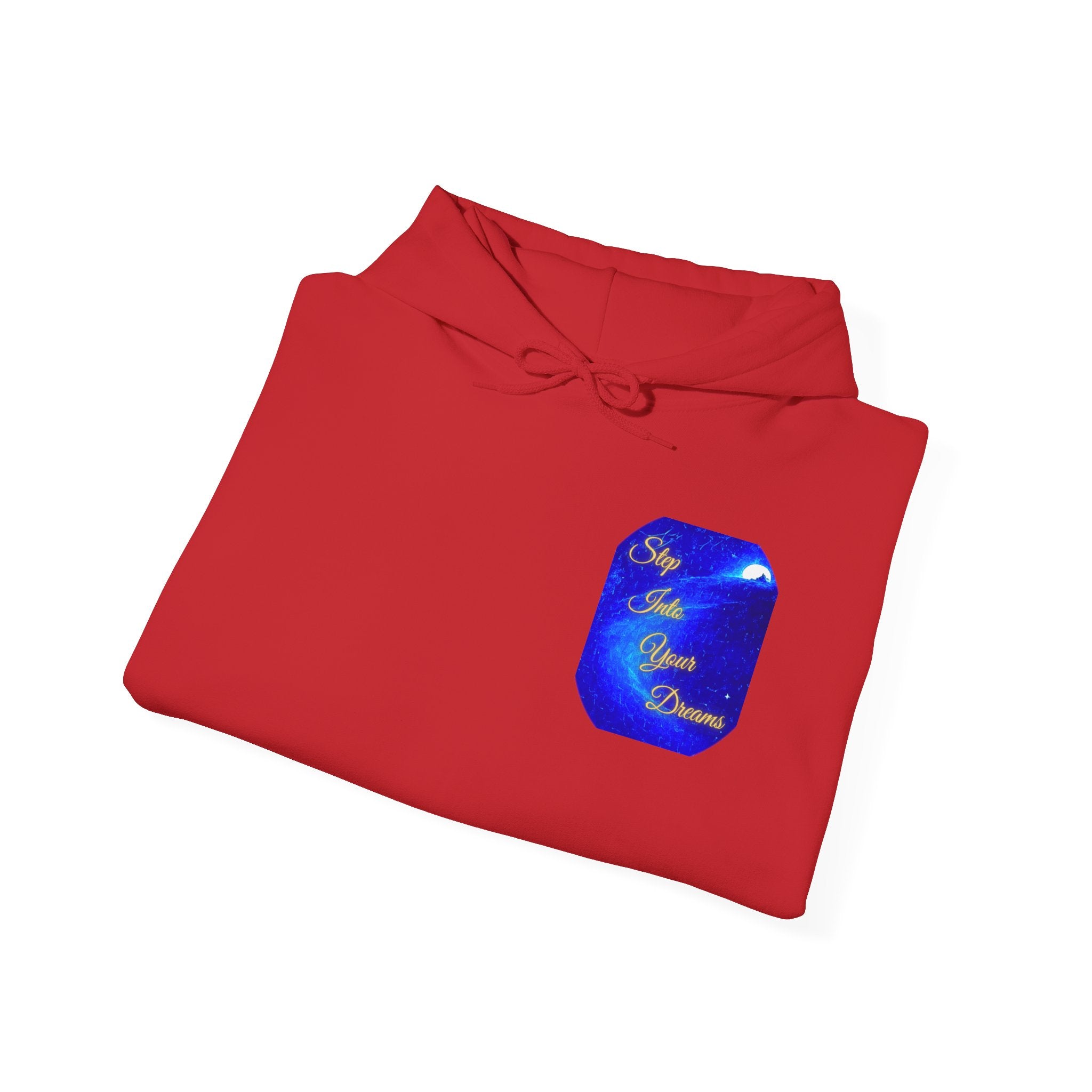 Step Into Your Dreams – Cosmic Gateway Back-print Hoodie | Tiny front badge | Gildan Heavy Blend™. Inspirational and Motivational Apparel, Gift for Dreamers, Creative Expression