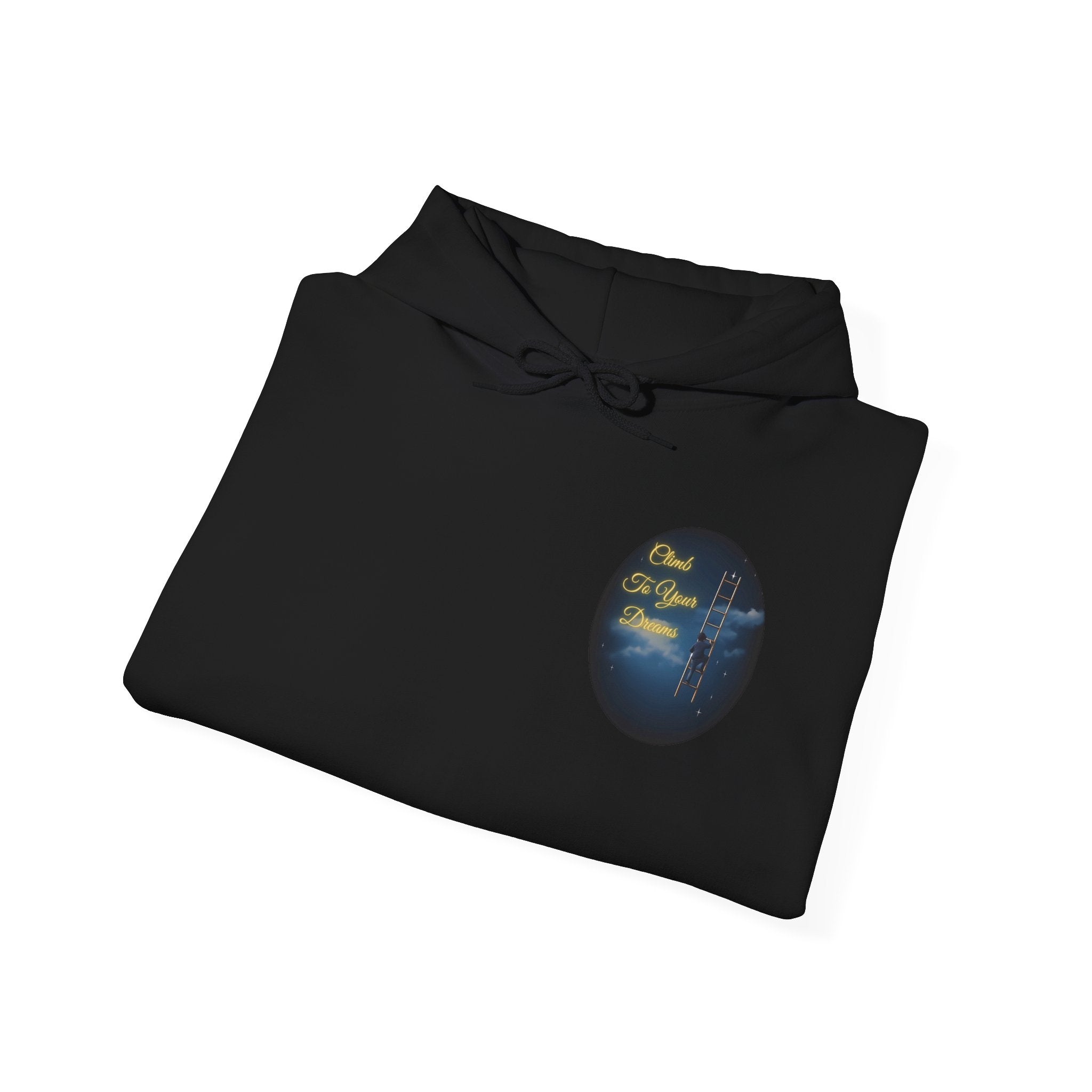 Climb To Your Dreams – Starry Night Ladder-to-Moon Back-Print Hoodie + Front Badge | Gildan 18500, Inspirational and Motivational Apparel, Gift for Dreamers, Creative Expression Wear