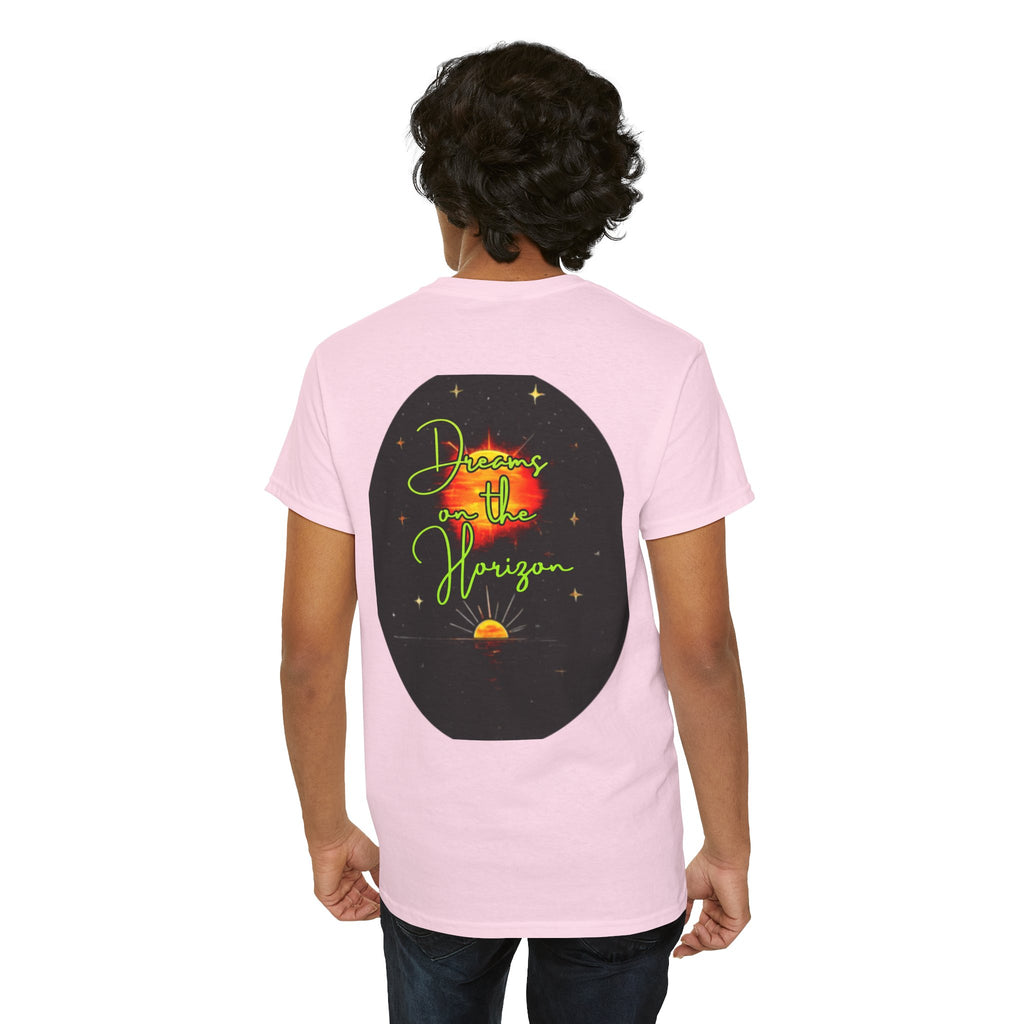 Dreams on the Horizon (Lemongrass) – Sunrise Back-Print Heavy Cotton Tee, Inspirational and Motivational Apparel, Gift for Dreamers, Creative Expression Wear