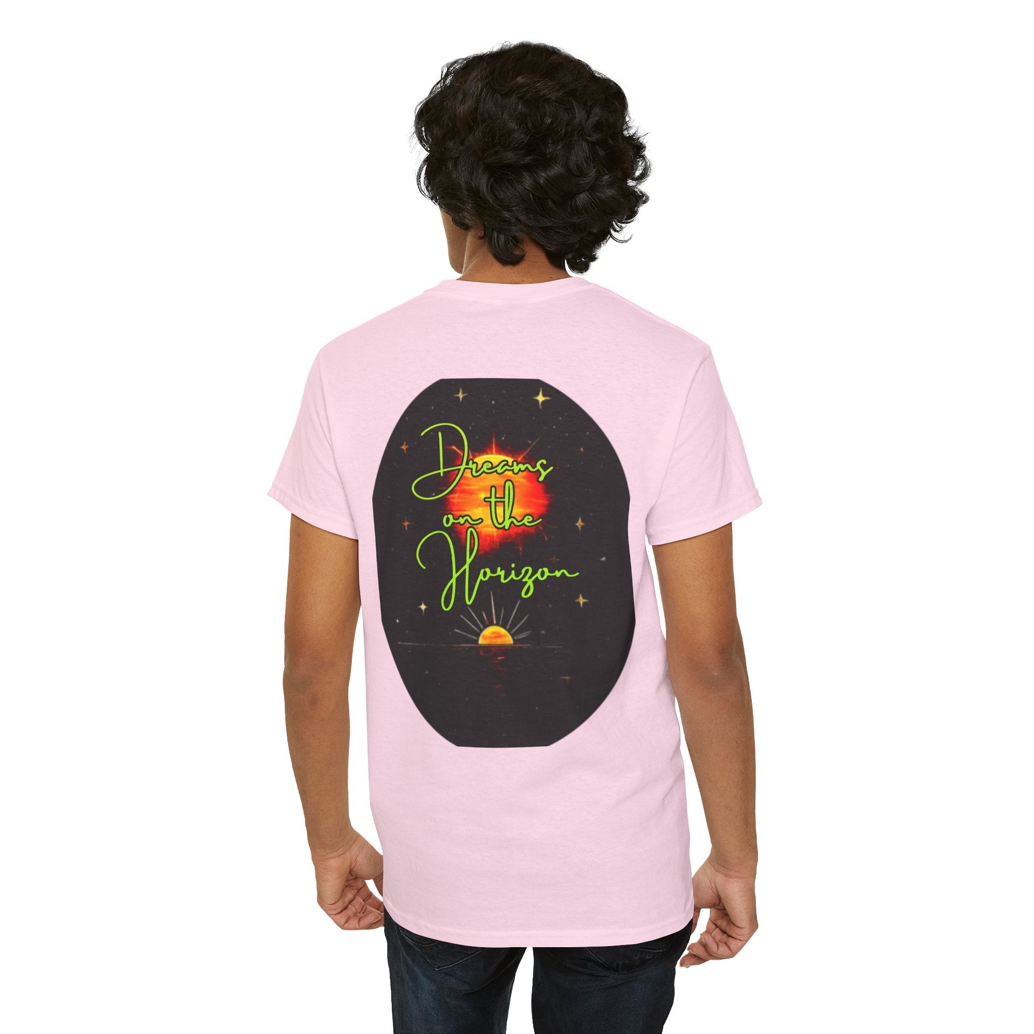 Dreams on the Horizon (Lemongrass) – Sunrise Back-Print Heavy Cotton Tee, Inspirational and Motivational Apparel, Gift for Dreamers, Creative Expression Wear
