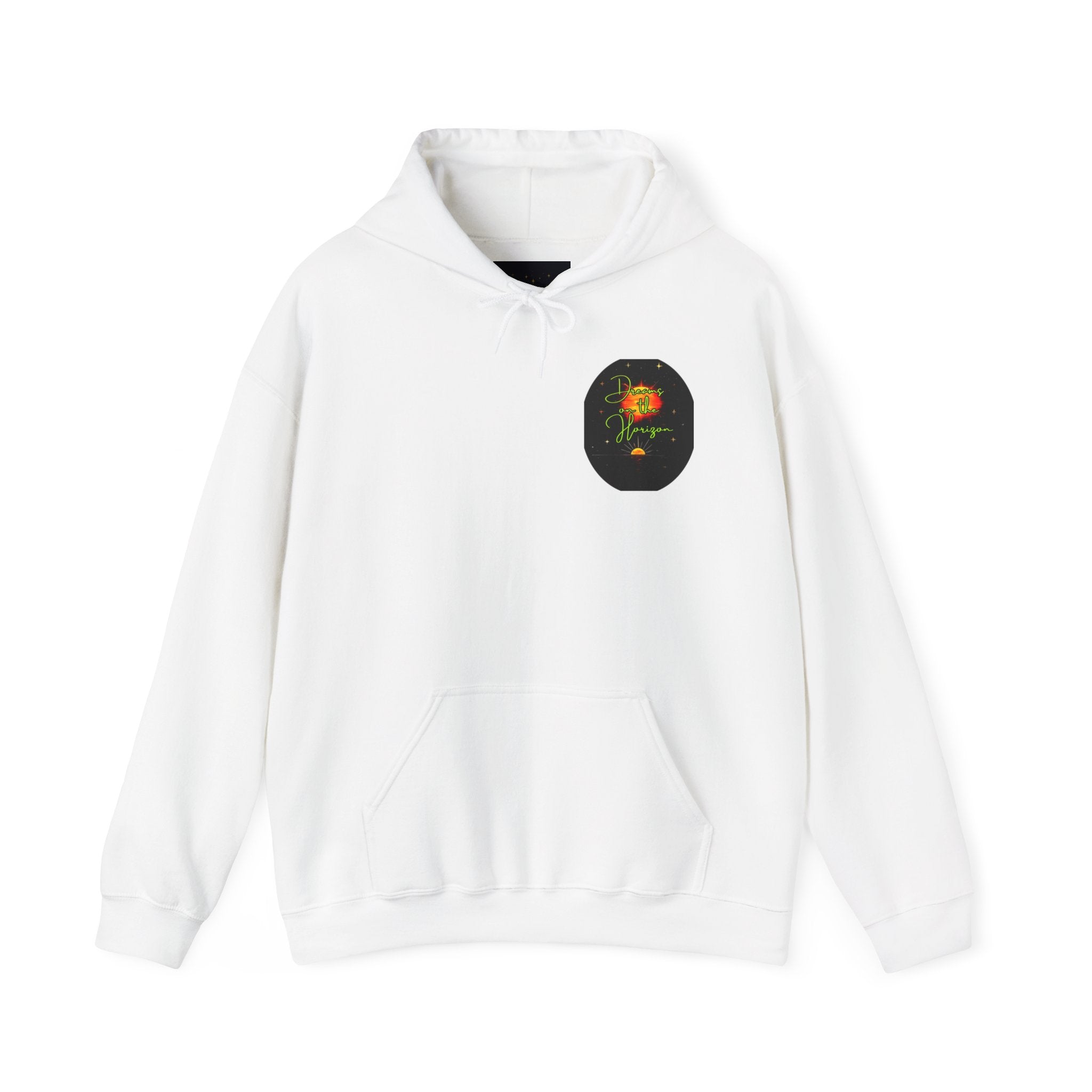 Dreams on the Horizon (Lemongrass) Sunrise Back Print Hooded Sweatshirt, Inspirational and Motivational Apparel, Gift for Dreamers, Creative Expression Wear