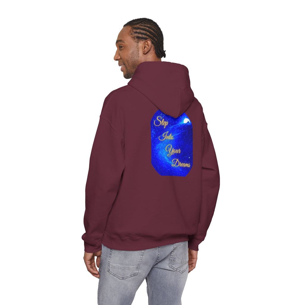 Step Into Your Dreams – Cosmic Gateway Back-print Hoodie | Tiny front badge | Gildan Heavy Blend™. Inspirational and Motivational Apparel, Gift for Dreamers, Creative Expression