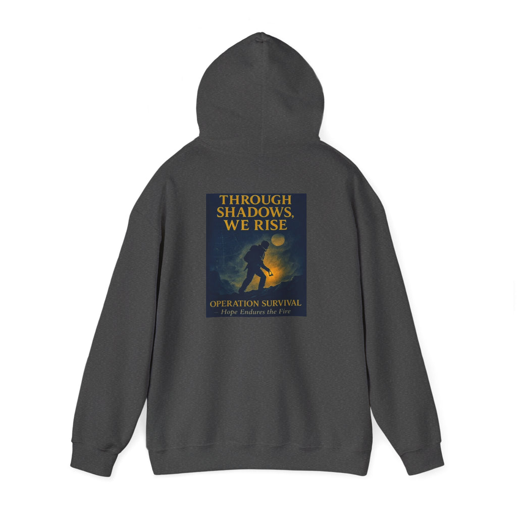 Through Shadows, We Rise – Back-print Cinematic Artwork Operation Survival Hoodie  | Gildan Heavy Blend™ 18500 — Inspirational and Motivational Apparel, Gift for Dreamers, Creative Expression Wear