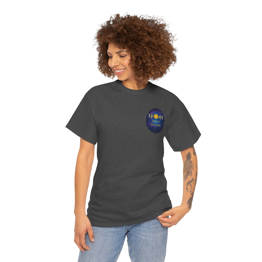 Dare to Dream Moon-Phase Tee – Golden Full Moon Back Print + Front Badge | Gildan 5000 Heavy Cotton, Inspirational and Motivational Apparel, Gift for Dreamers, Creative Expression Wear