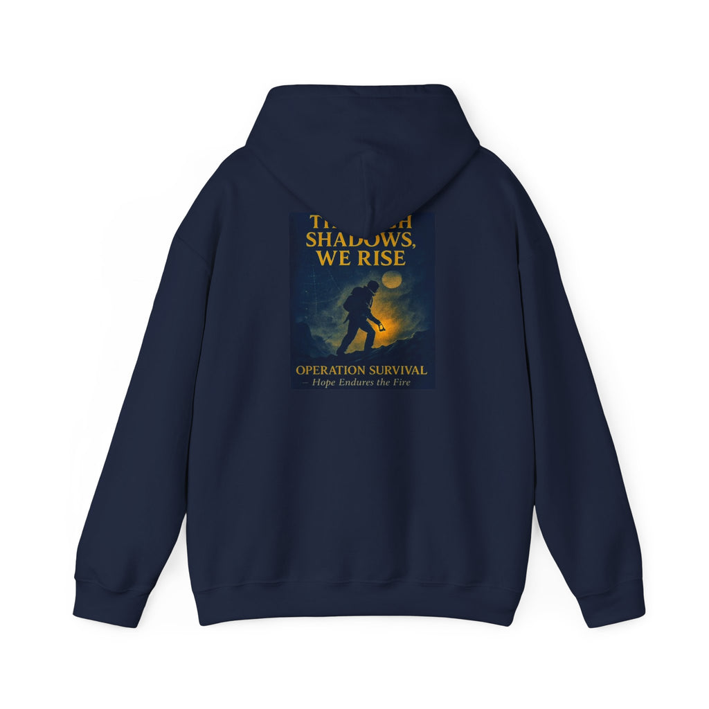 Through Shadows, We Rise – Back-print Cinematic Artwork Operation Survival Hoodie  | Gildan Heavy Blend™ 18500 — Inspirational and Motivational Apparel, Gift for Dreamers, Creative Expression Wear