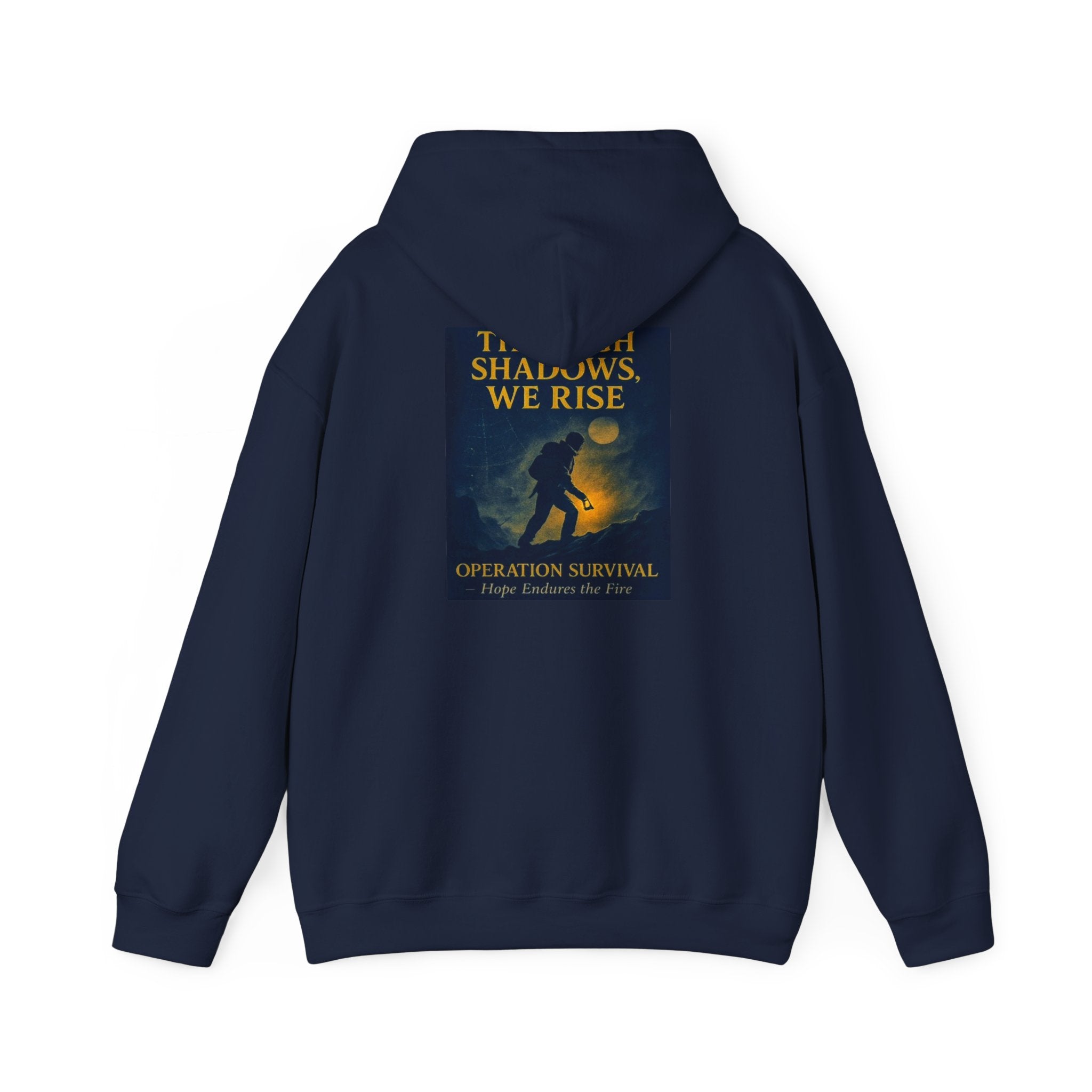 Through Shadows, We Rise – Back-print Cinematic Artwork Operation Survival Hoodie  | Gildan Heavy Blend™ 18500 — Inspirational and Motivational Apparel, Gift for Dreamers, Creative Expression Wear