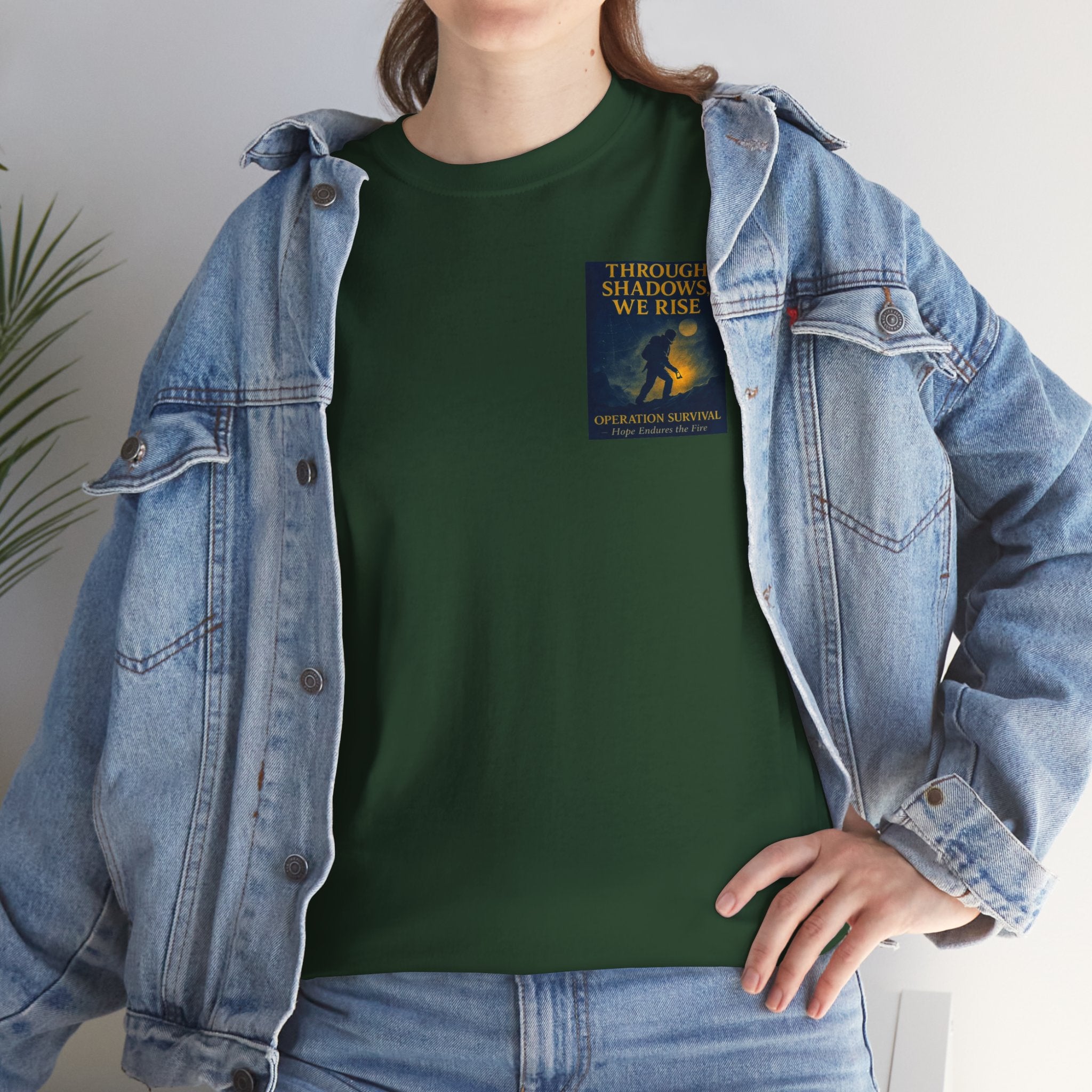 Through Shadows, We Rise - Back-print Cinematic Artwork Operation Survival Tee. Inspirational and Motivational Apparel, Gift for Dreamers, Creative Expression Wear