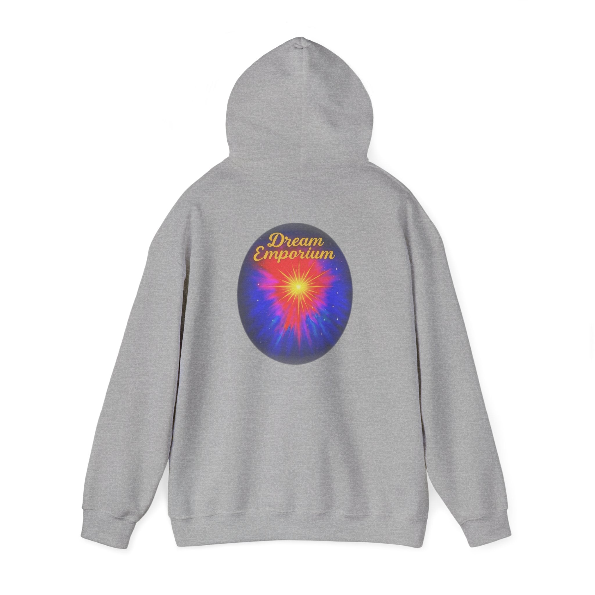 Dream Emporium – Back Printed Radiant Starburst Heavy Blend™ Hooded Sweatshirt, Inspirational and Motivational Apparel, Gift for Dreamers, Creative Expression Wear
