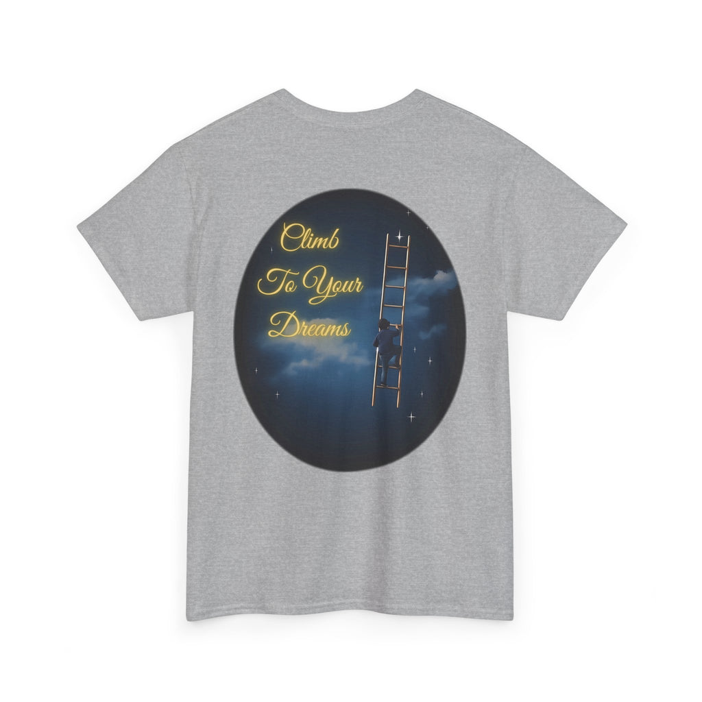 Climb To Your Dreams – Starry Night Ladder Back-Print Tee + Front Badge | Gildan 5000, Inspirational and Motivational Apparel, Gift for Dreamers, Creative Expression Wear