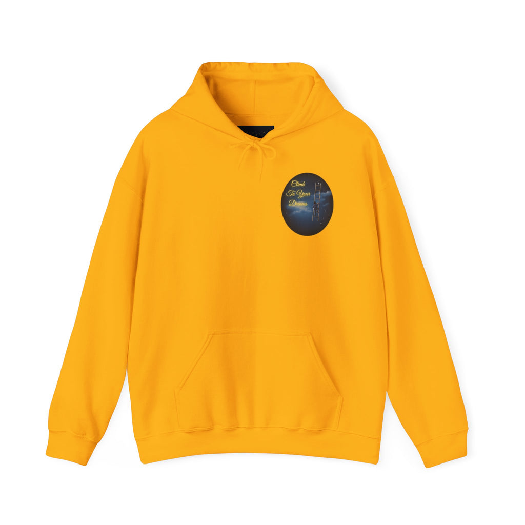 Climb To Your Dreams – Starry Night Ladder-to-Moon Back-Print Hoodie + Front Badge | Gildan 18500, Inspirational and Motivational Apparel, Gift for Dreamers, Creative Expression Wear