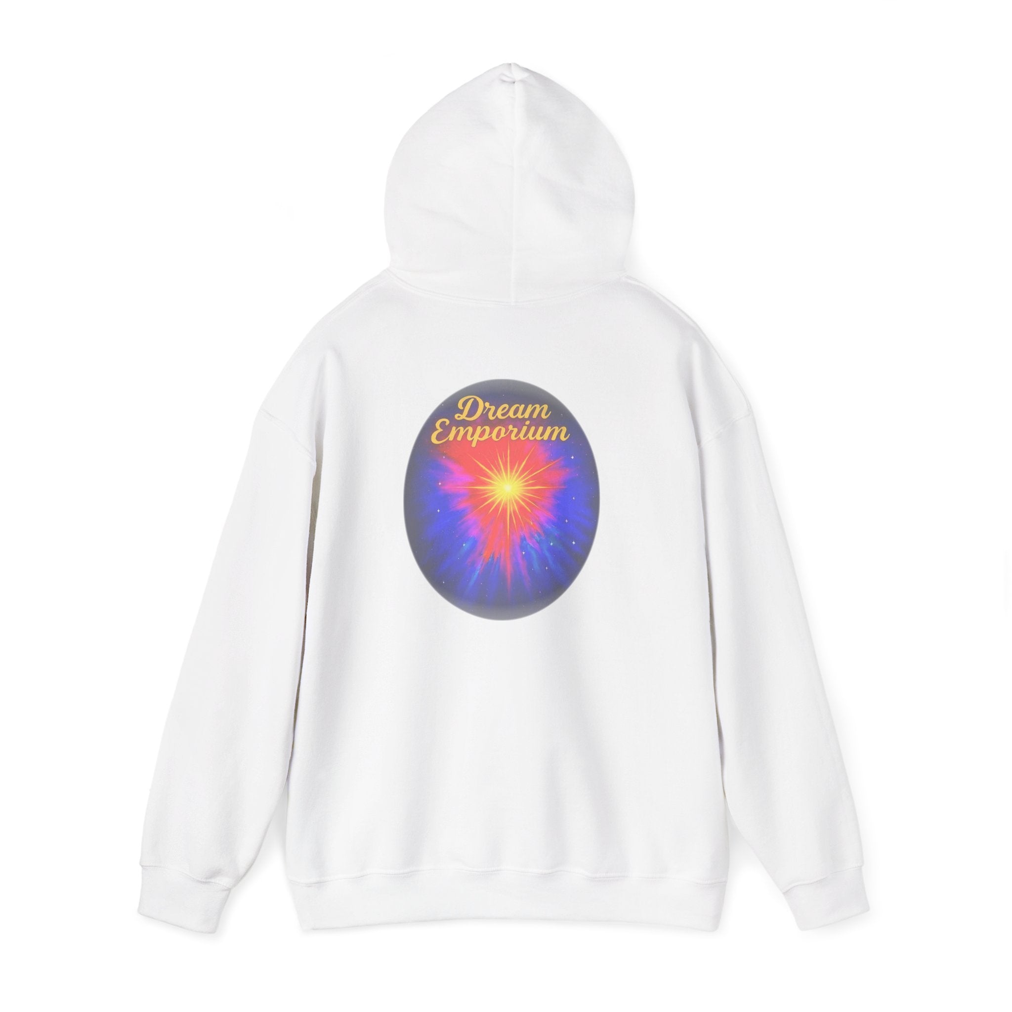Dream Emporium – Back Printed Radiant Starburst Heavy Blend™ Hooded Sweatshirt, Inspirational and Motivational Apparel, Gift for Dreamers, Creative Expression Wear