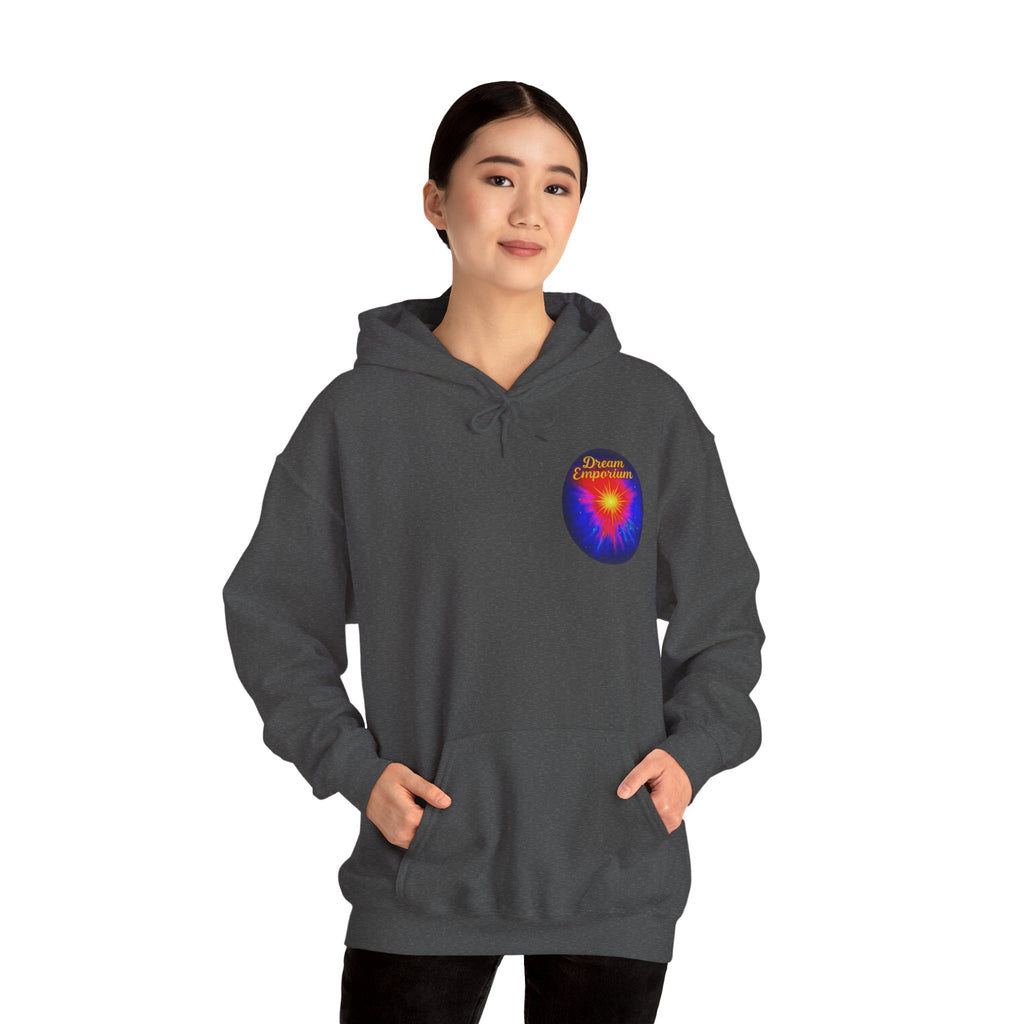 Dream Emporium – Back Printed Radiant Starburst Heavy Blend™ Hooded Sweatshirt, Inspirational and Motivational Apparel, Gift for Dreamers, Creative Expression Wear
