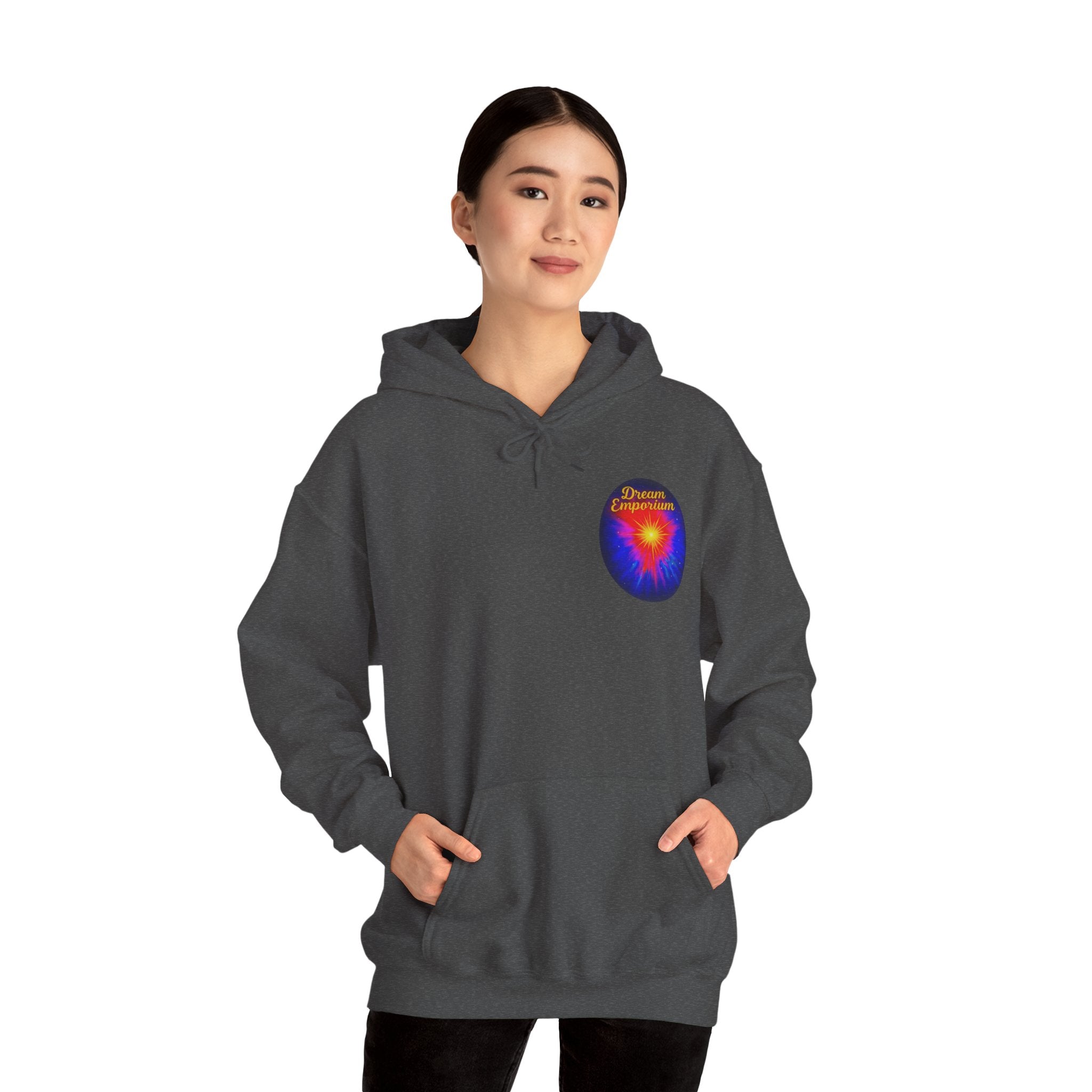 Dream Emporium – Back Printed Radiant Starburst Heavy Blend™ Hooded Sweatshirt, Inspirational and Motivational Apparel, Gift for Dreamers, Creative Expression Wear