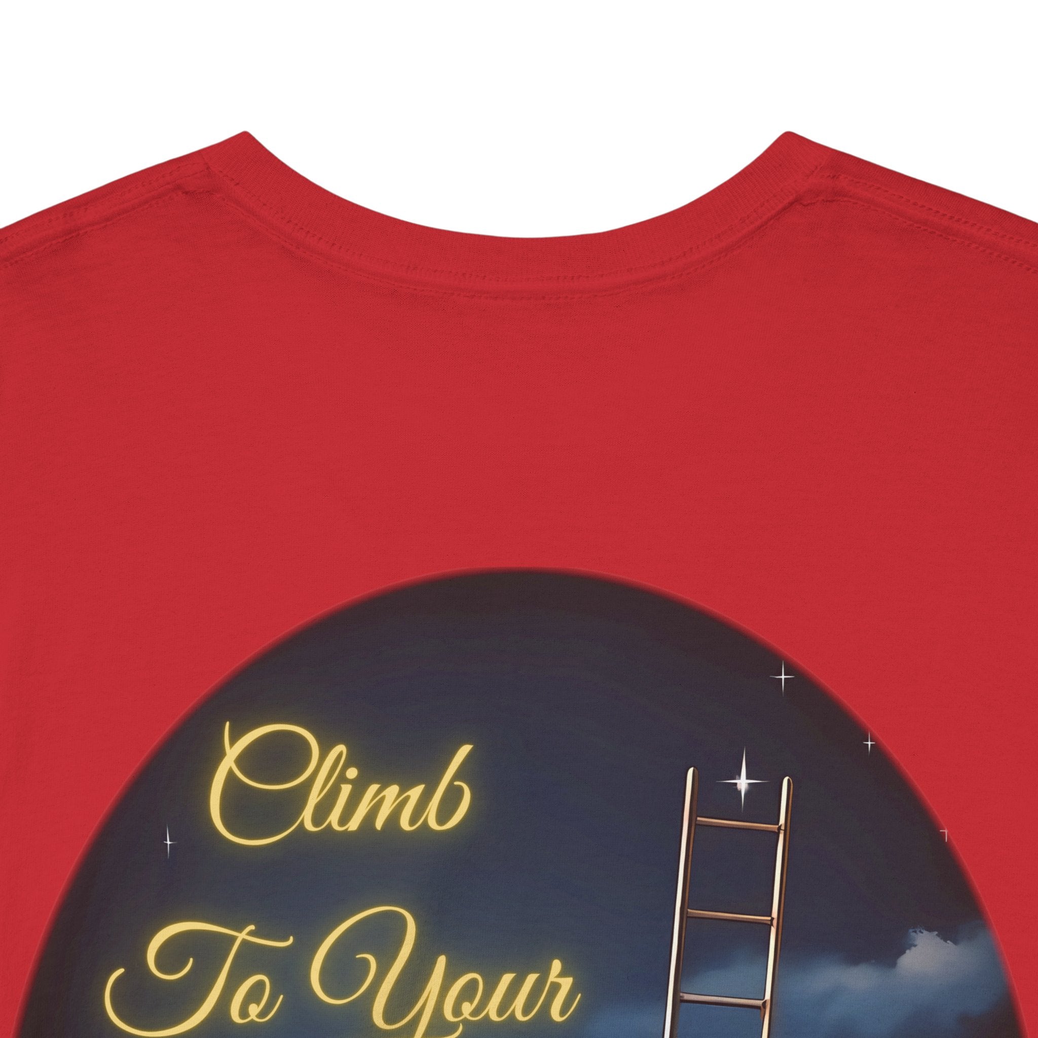 Climb To Your Dreams – Starry Night Ladder Back-Print Tee + Front Badge | Gildan 5000, Inspirational and Motivational Apparel, Gift for Dreamers, Creative Expression Wear