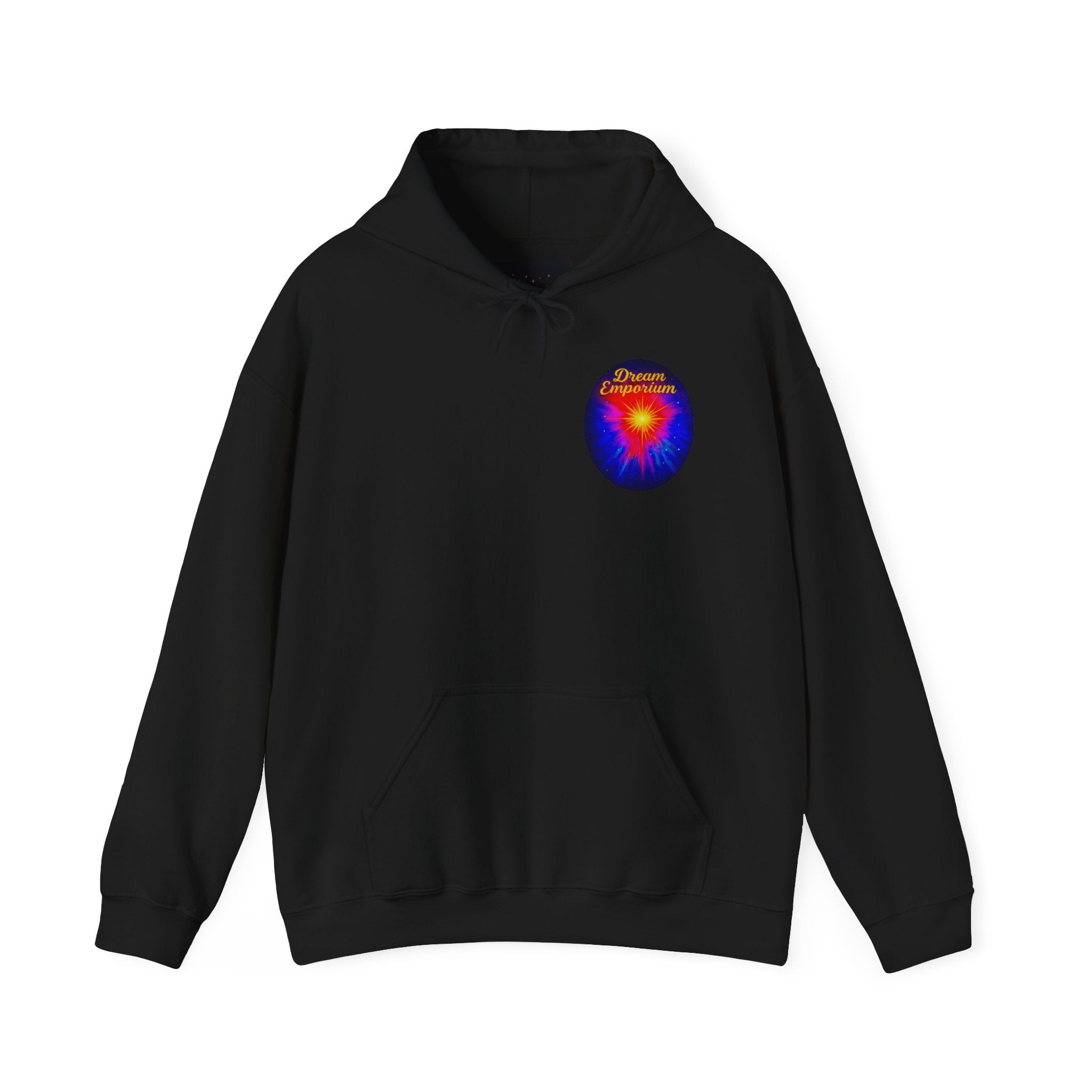 Dream Emporium – Back Printed Radiant Starburst Heavy Blend™ Hooded Sweatshirt, Inspirational and Motivational Apparel, Gift for Dreamers, Creative Expression Wear