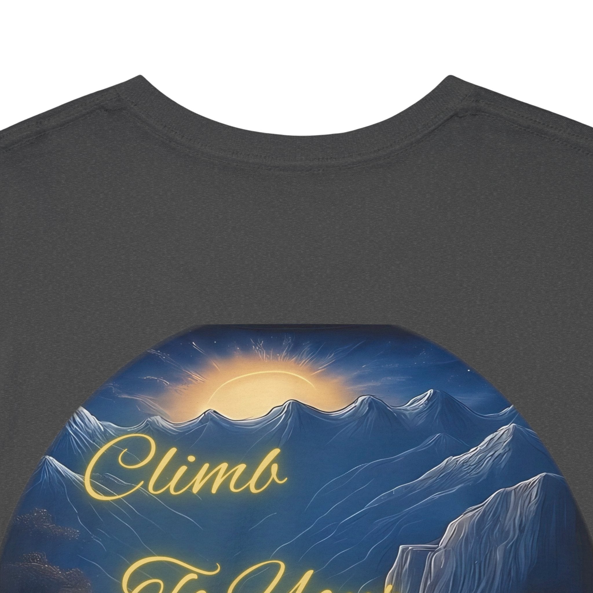 Climb To Your Dreams – Rock Climber Back-Print Tee + Front Badge | Gildan 5000, Inspirational and Motivational Apparel, Gift for Dreamers, Creative Expression Wear