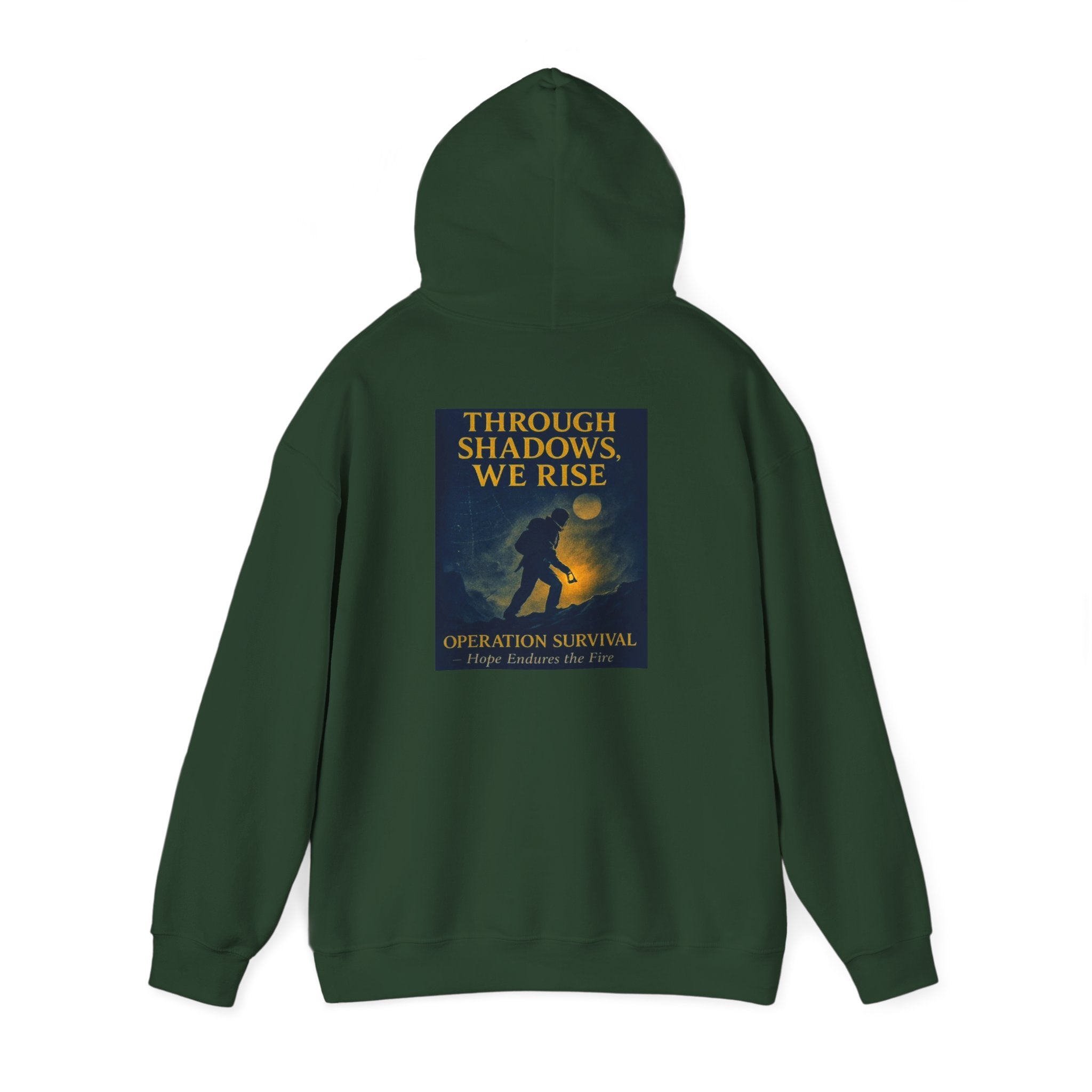 Through Shadows, We Rise – Back-print Cinematic Artwork Operation Survival Hoodie  | Gildan Heavy Blend™ 18500 — Inspirational and Motivational Apparel, Gift for Dreamers, Creative Expression Wear