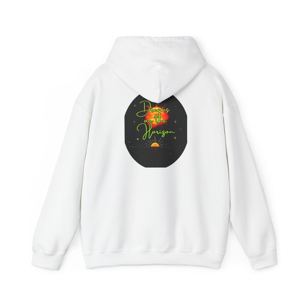Dreams on the Horizon (Lemongrass) Sunrise Back Print Hooded Sweatshirt, Inspirational and Motivational Apparel, Gift for Dreamers, Creative Expression Wear