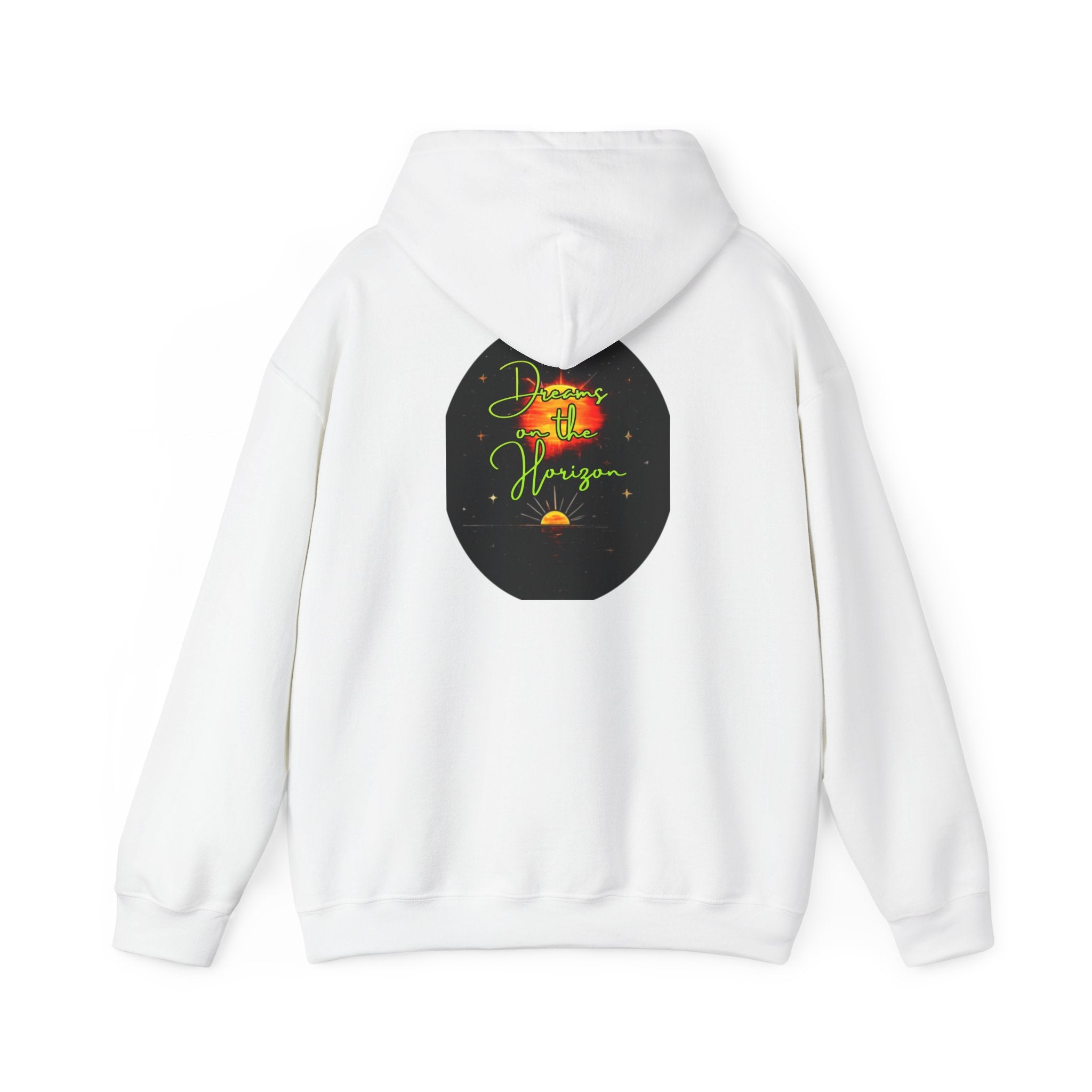 Dreams on the Horizon (Lemongrass) Sunrise Back Print Hooded Sweatshirt, Inspirational and Motivational Apparel, Gift for Dreamers, Creative Expression Wear