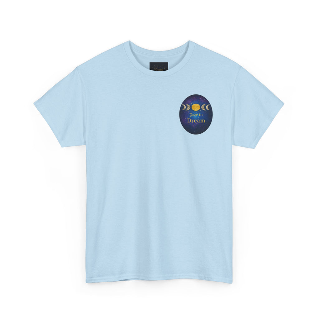 Dare to Dream Moon-Phase Tee – Golden Full Moon Back Print + Front Badge | Gildan 5000 Heavy Cotton, Inspirational and Motivational Apparel, Gift for Dreamers, Creative Expression Wear