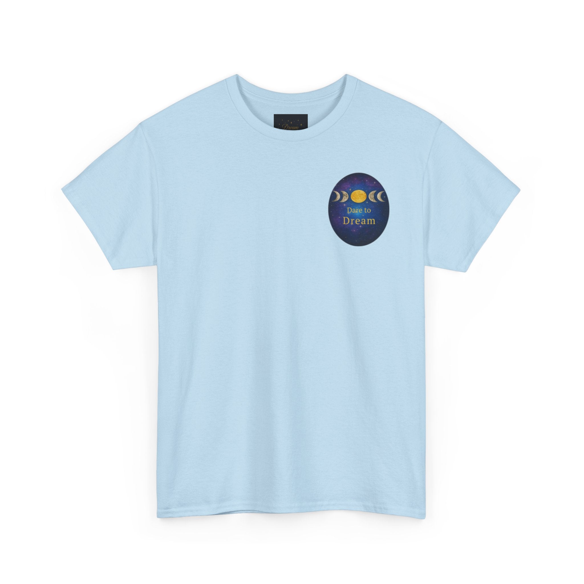Dare to Dream Moon-Phase Tee – Golden Full Moon Back Print + Front Badge | Gildan 5000 Heavy Cotton, Inspirational and Motivational Apparel, Gift for Dreamers, Creative Expression Wear