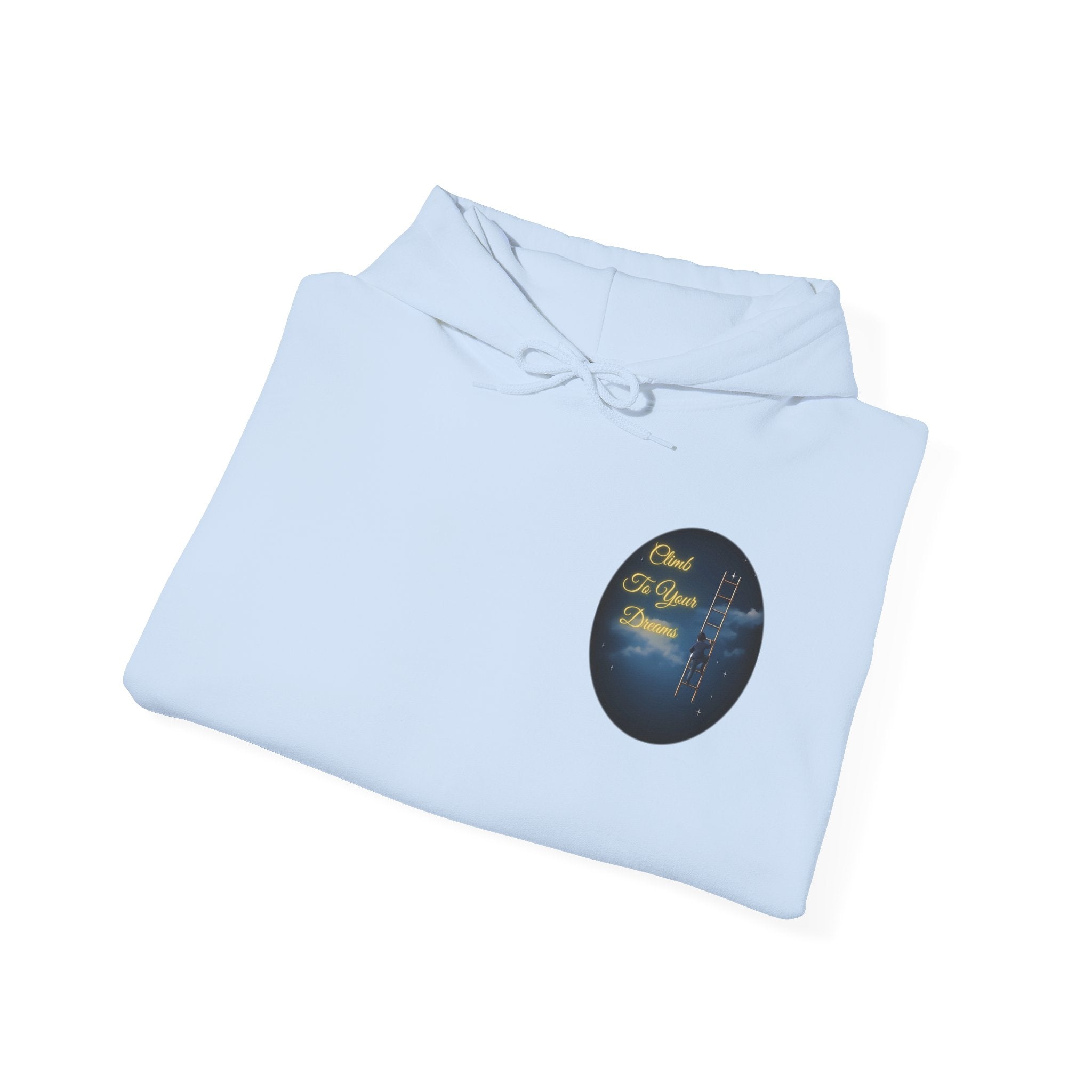 Climb To Your Dreams – Starry Night Ladder-to-Moon Back-Print Hoodie + Front Badge | Gildan 18500, Inspirational and Motivational Apparel, Gift for Dreamers, Creative Expression Wear