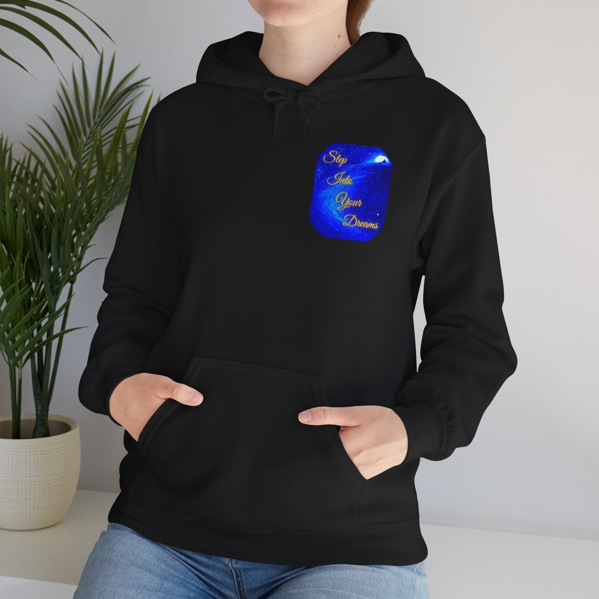 Step Into Your Dreams – Cosmic Gateway Back-print Hoodie | Tiny front badge | Gildan Heavy Blend™. Inspirational and Motivational Apparel, Gift for Dreamers, Creative Expression